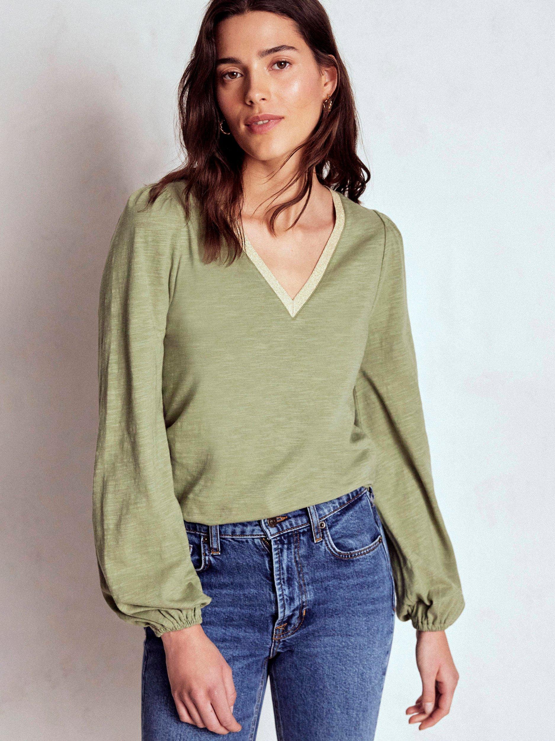 Product image 1 of 5, which shows Boden Contrast Trim Long Sleeve Top, Larch Green, 8