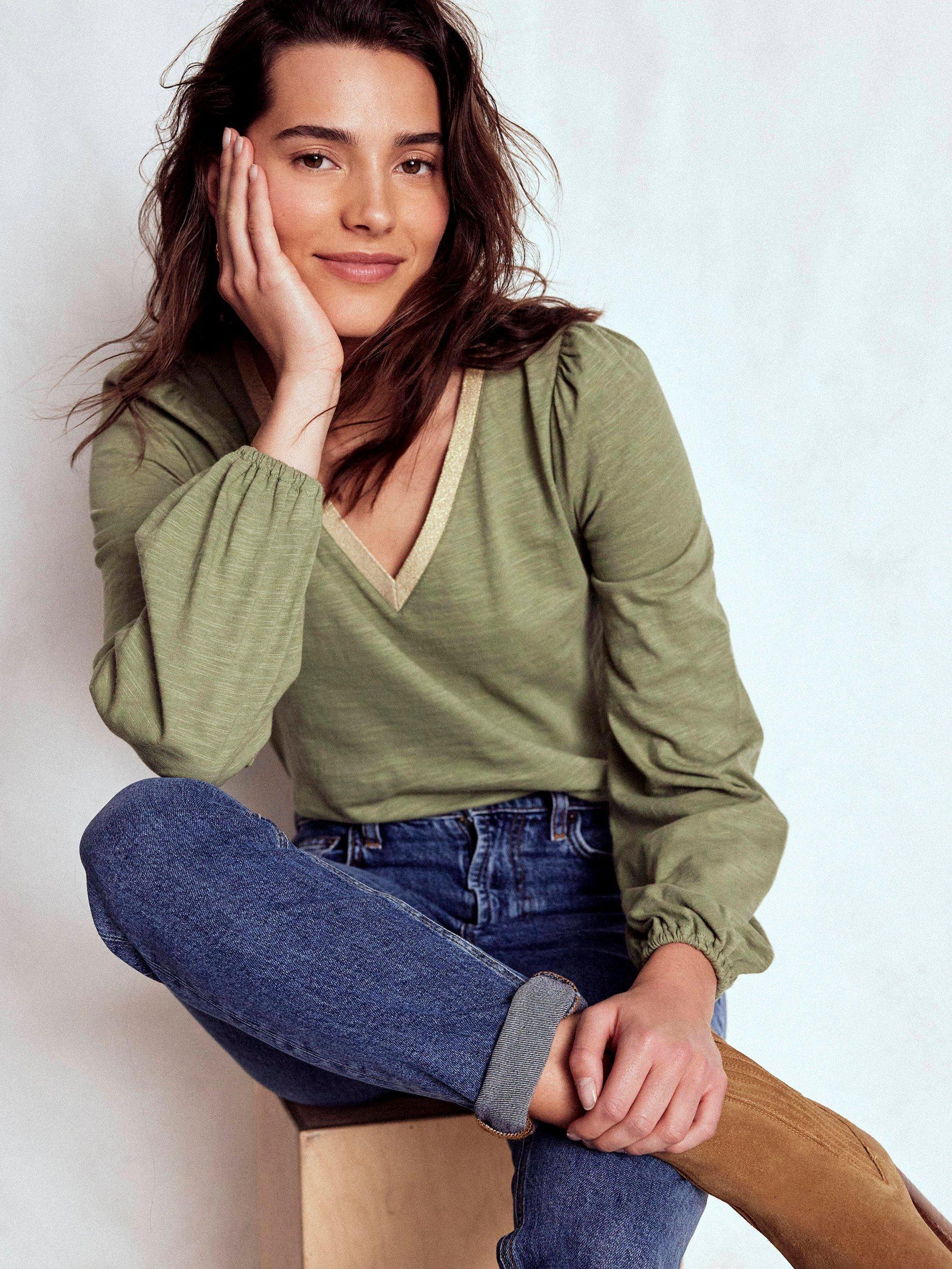 Product image 2 of 5, which shows Boden Contrast Trim Long Sleeve Top, Larch Green, 8