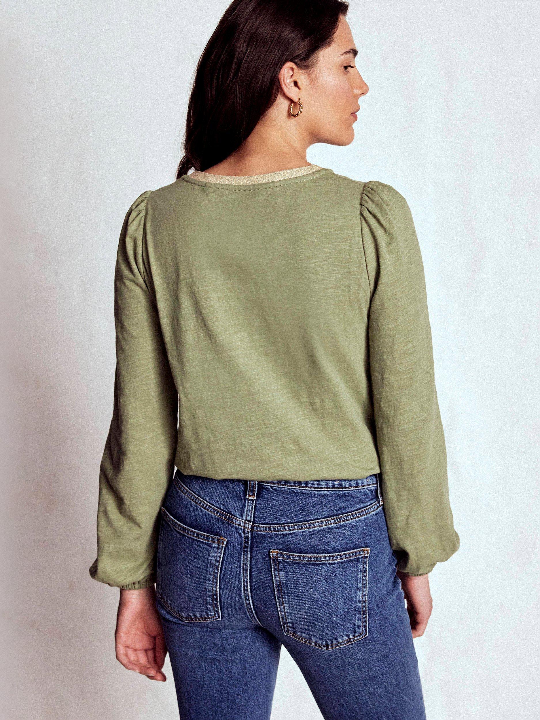 Product image 4 of 5, which shows Boden Contrast Trim Long Sleeve Top, Larch Green, 8
