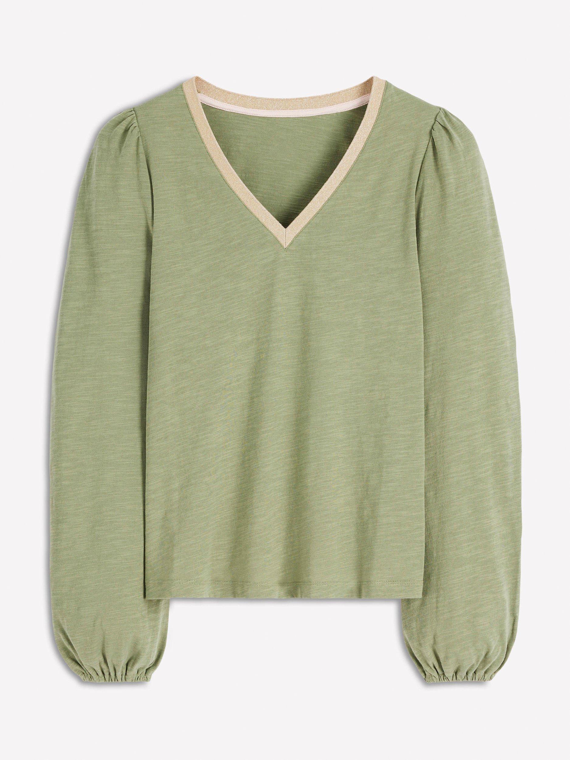 Product image 5 of 5, which shows Boden Contrast Trim Long Sleeve Top, Larch Green, 8