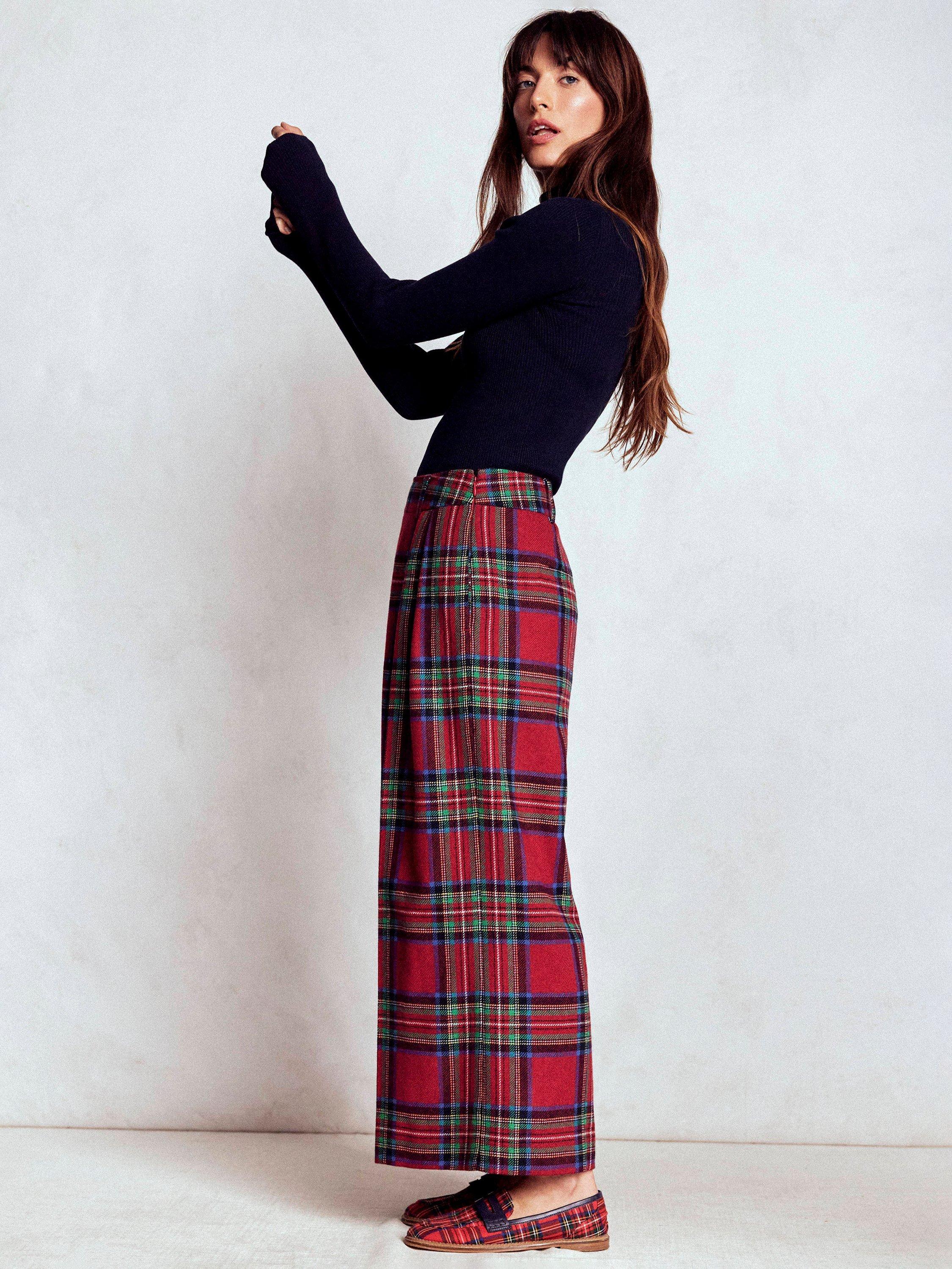 Product image 2 of 5, which shows Boden Tartan Pleated Wool Rich Culottes, Red/Multi, 8