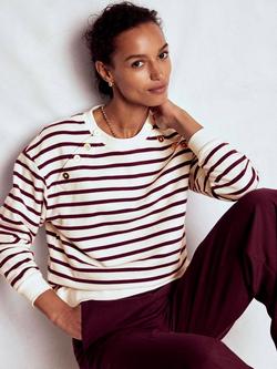 Boden Button Detail Stripe Sweatshirt, Deep Wisteria/Ivory, Deep Wisteria/Ivory