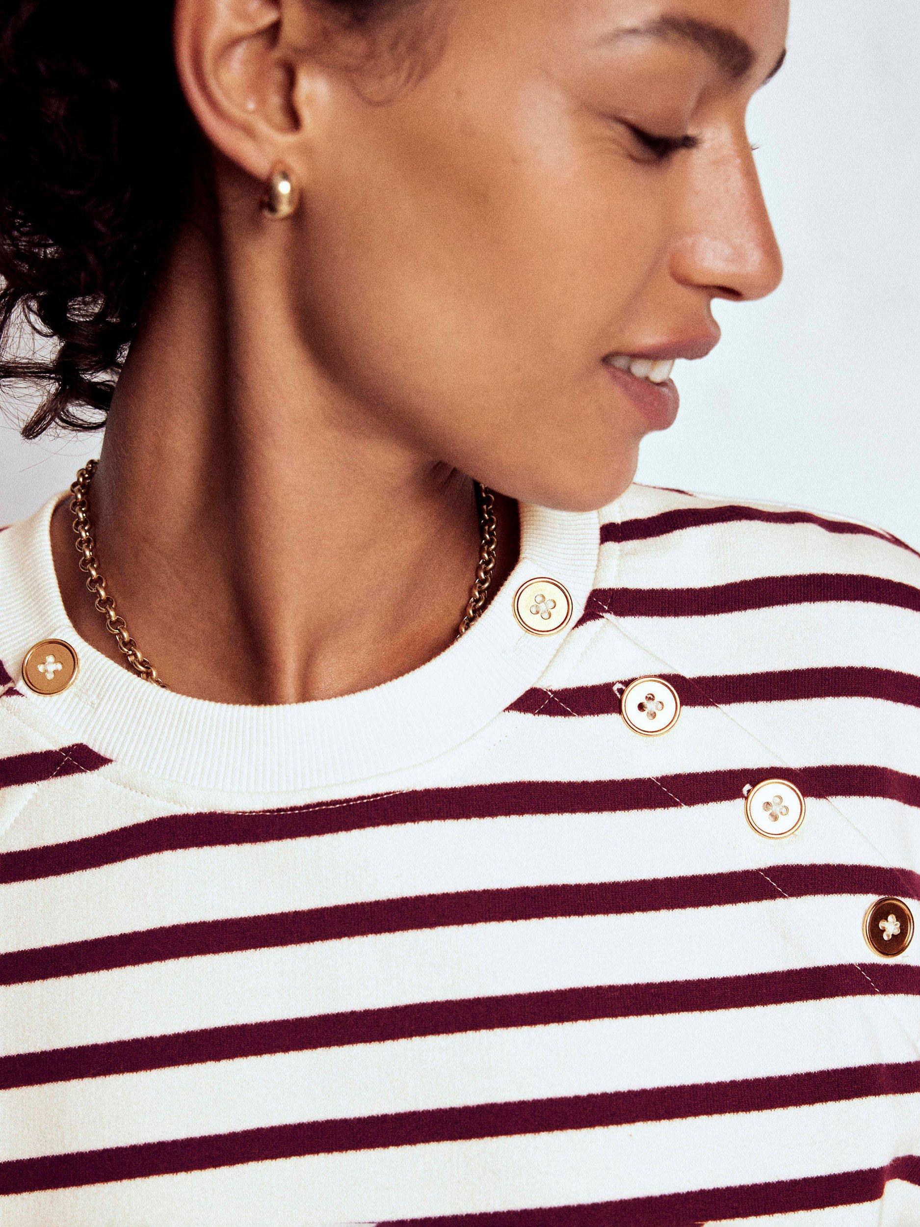 Product image 2 of 5, which shows Boden Button Detail Stripe Sweatshirt, Deep Wisteria/Ivory, XS