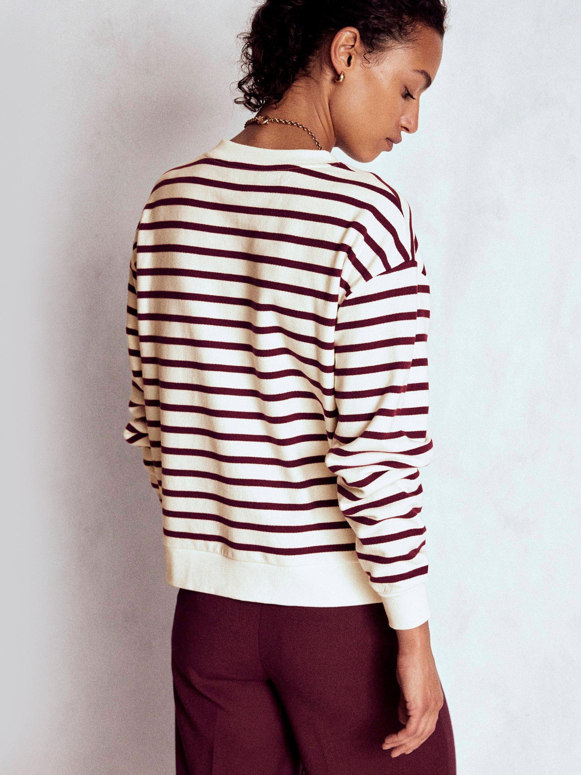 Product image 3 of 5, which shows Boden Button Detail Stripe Sweatshirt, Deep Wisteria/Ivory, XS