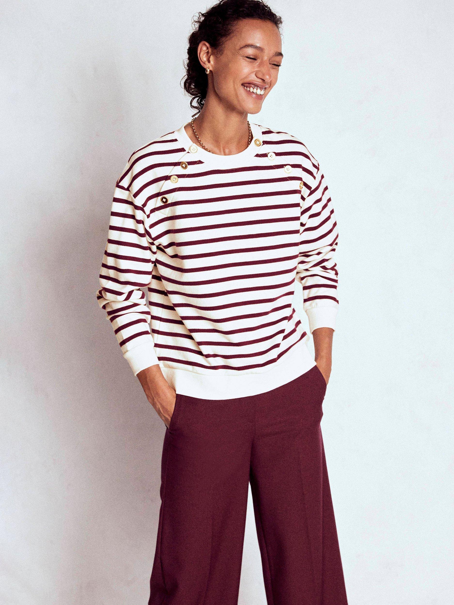 Product image 4 of 5, which shows Boden Button Detail Stripe Sweatshirt, Deep Wisteria/Ivory, XS