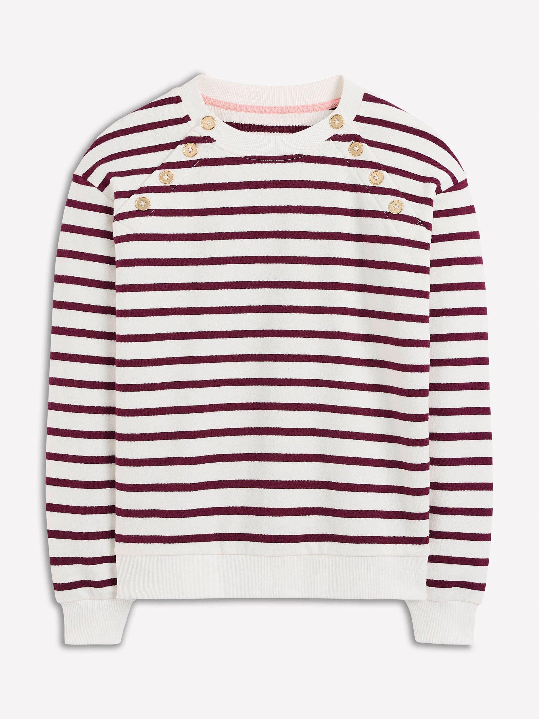 Product image 5 of 5, which shows Boden Button Detail Stripe Sweatshirt, Deep Wisteria/Ivory, XS