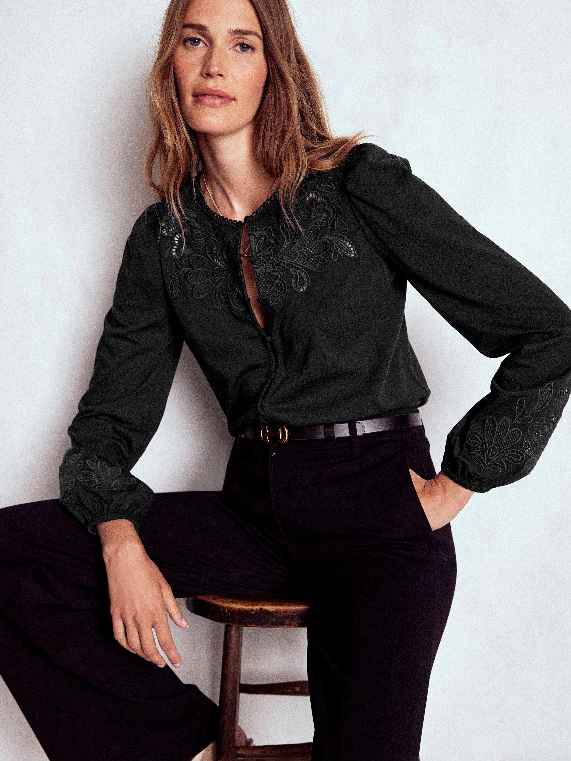 Product image 2 of 5, which shows Boden Cutwork Detail Jersey Top, Black, 8