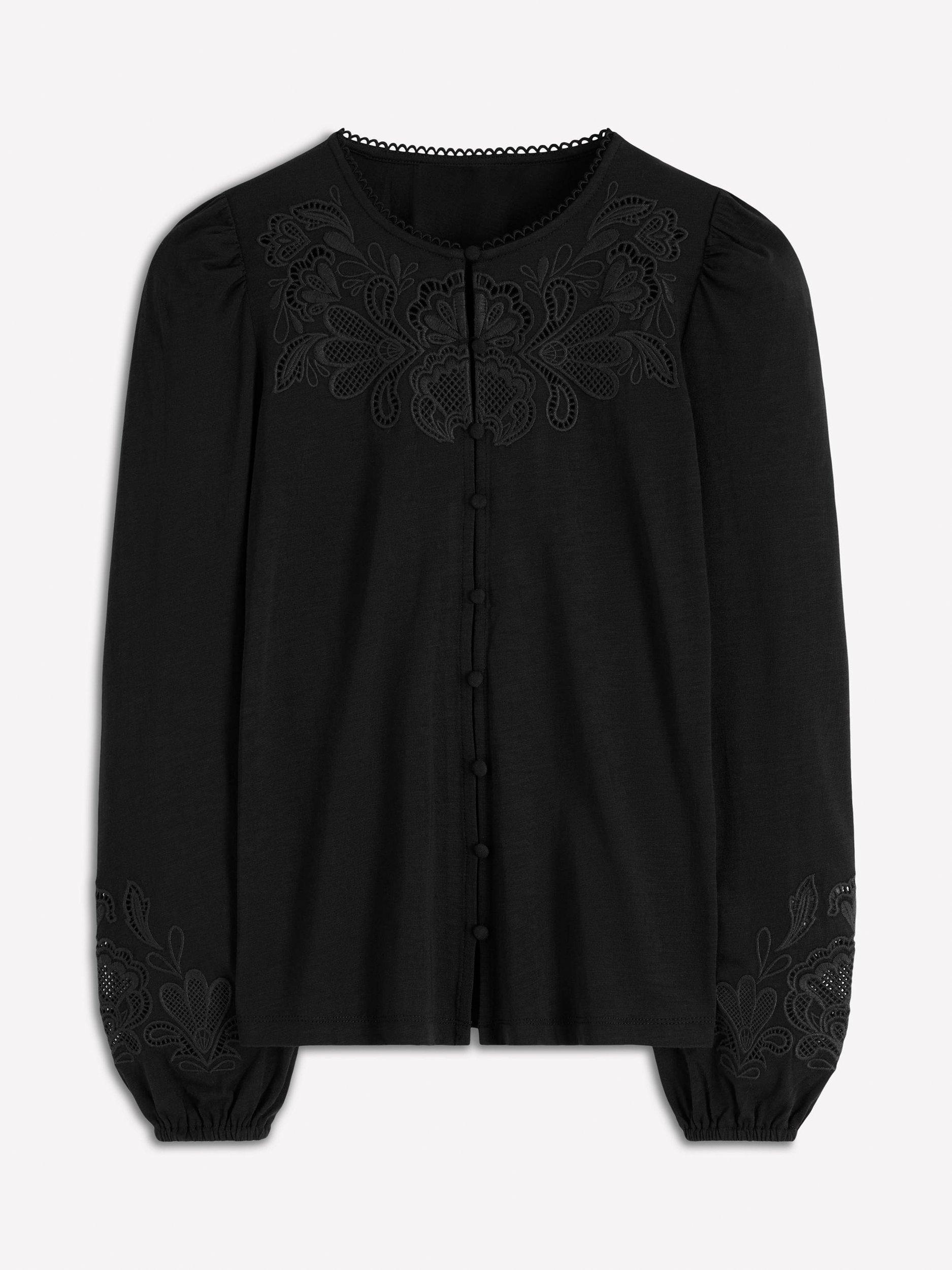 Product image 5 of 5, which shows Boden Cutwork Detail Jersey Top, Black, 8
