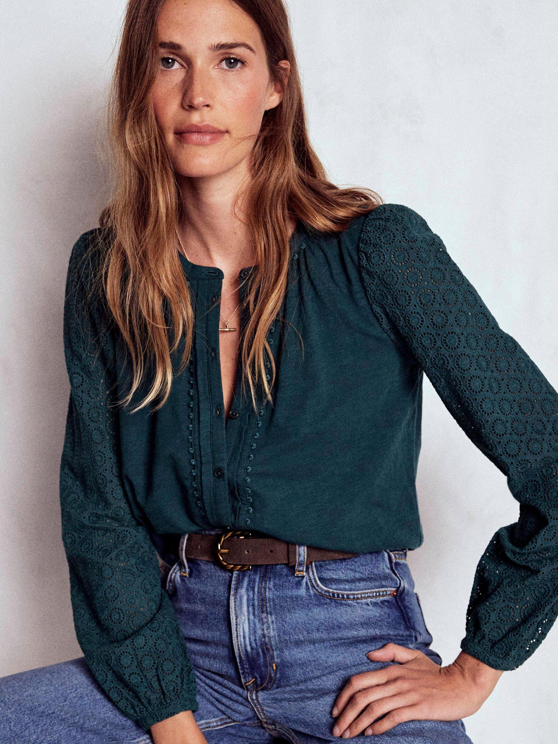 Product image 1 of 5, which shows Boden Eden Broderie Jersey Shirt, Midnight Teal, 14