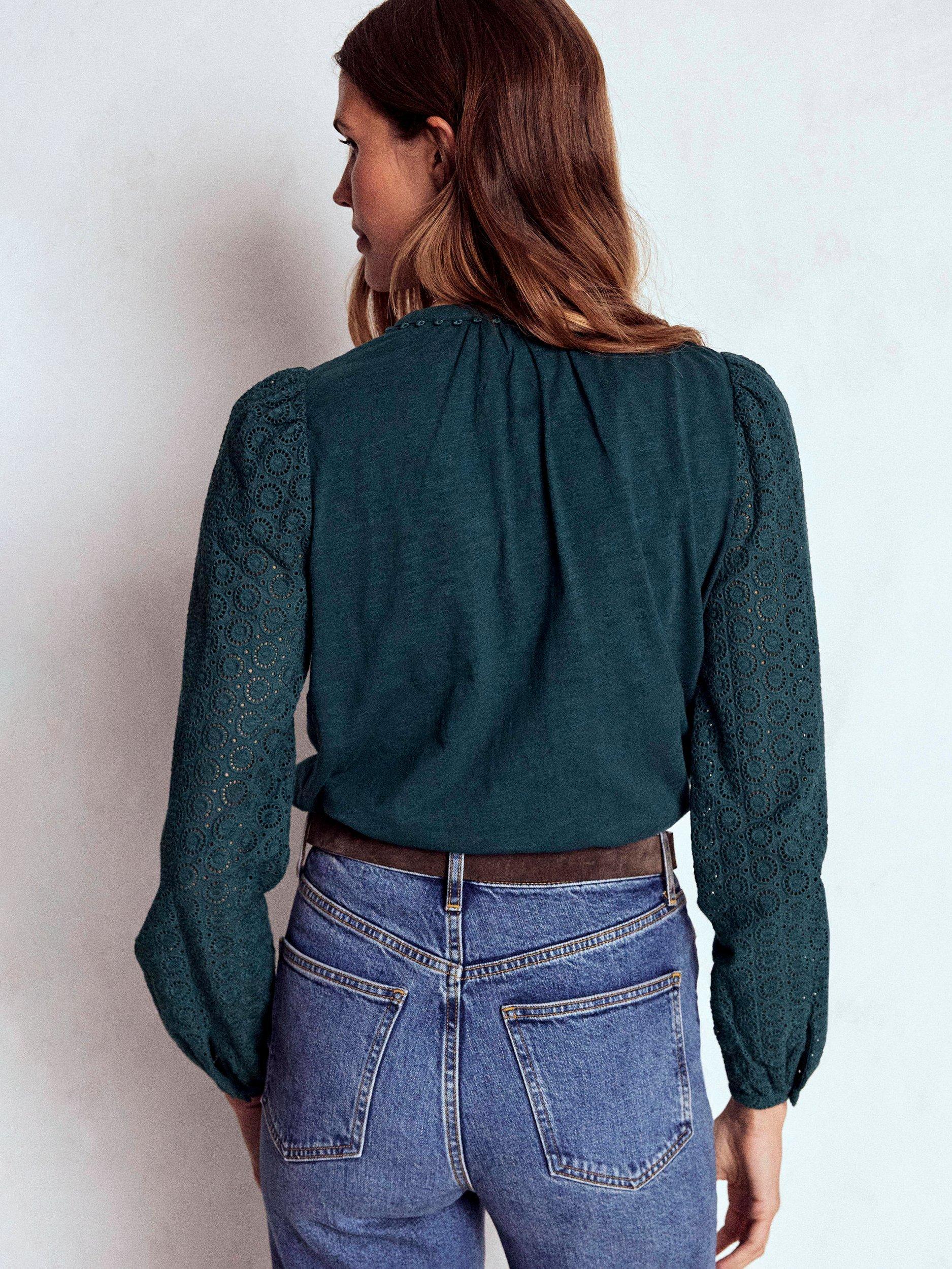 Product image 3 of 5, which shows Boden Eden Broderie Jersey Shirt, Midnight Teal, 14