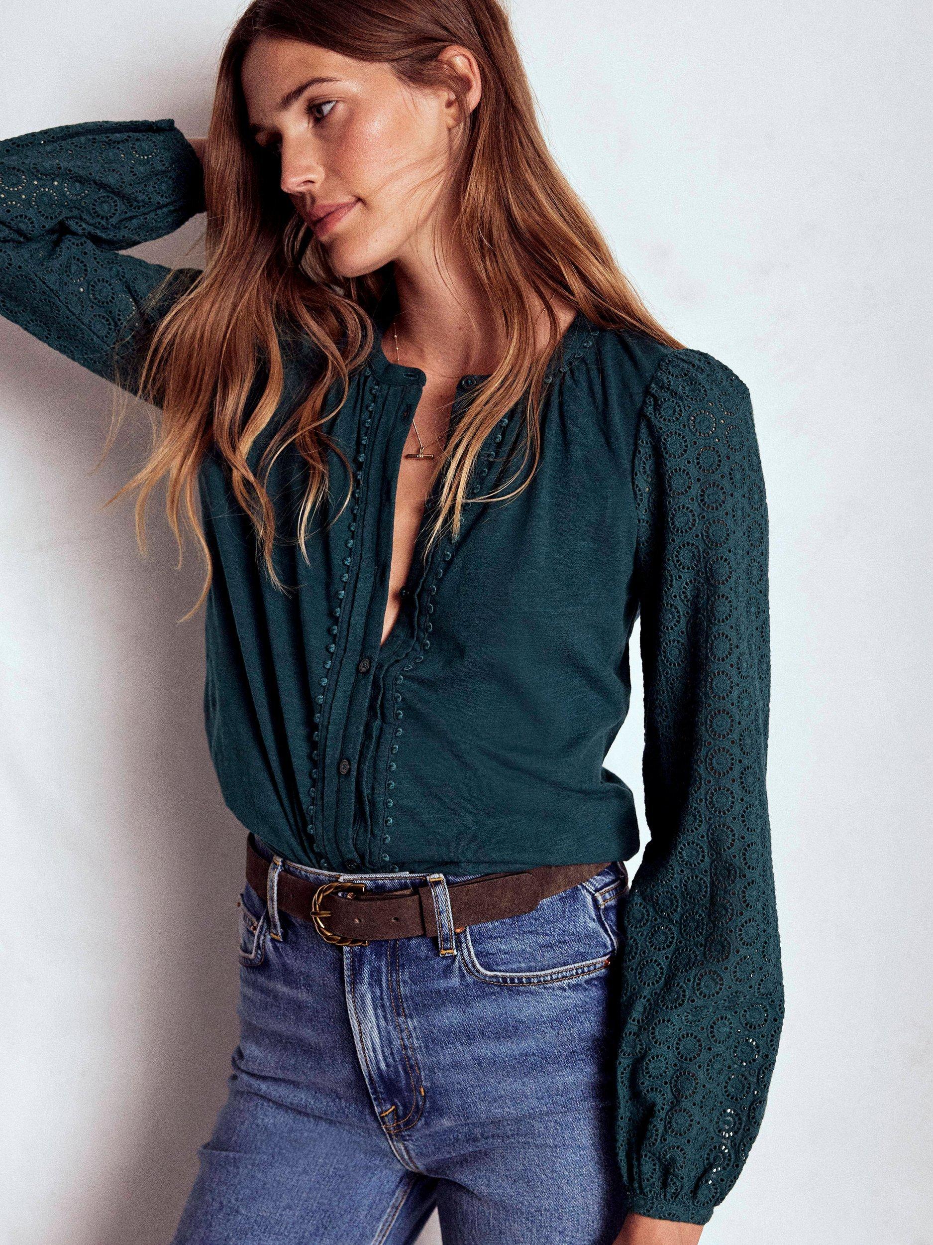 Product image 4 of 5, which shows Boden Eden Broderie Jersey Shirt, Midnight Teal, 14