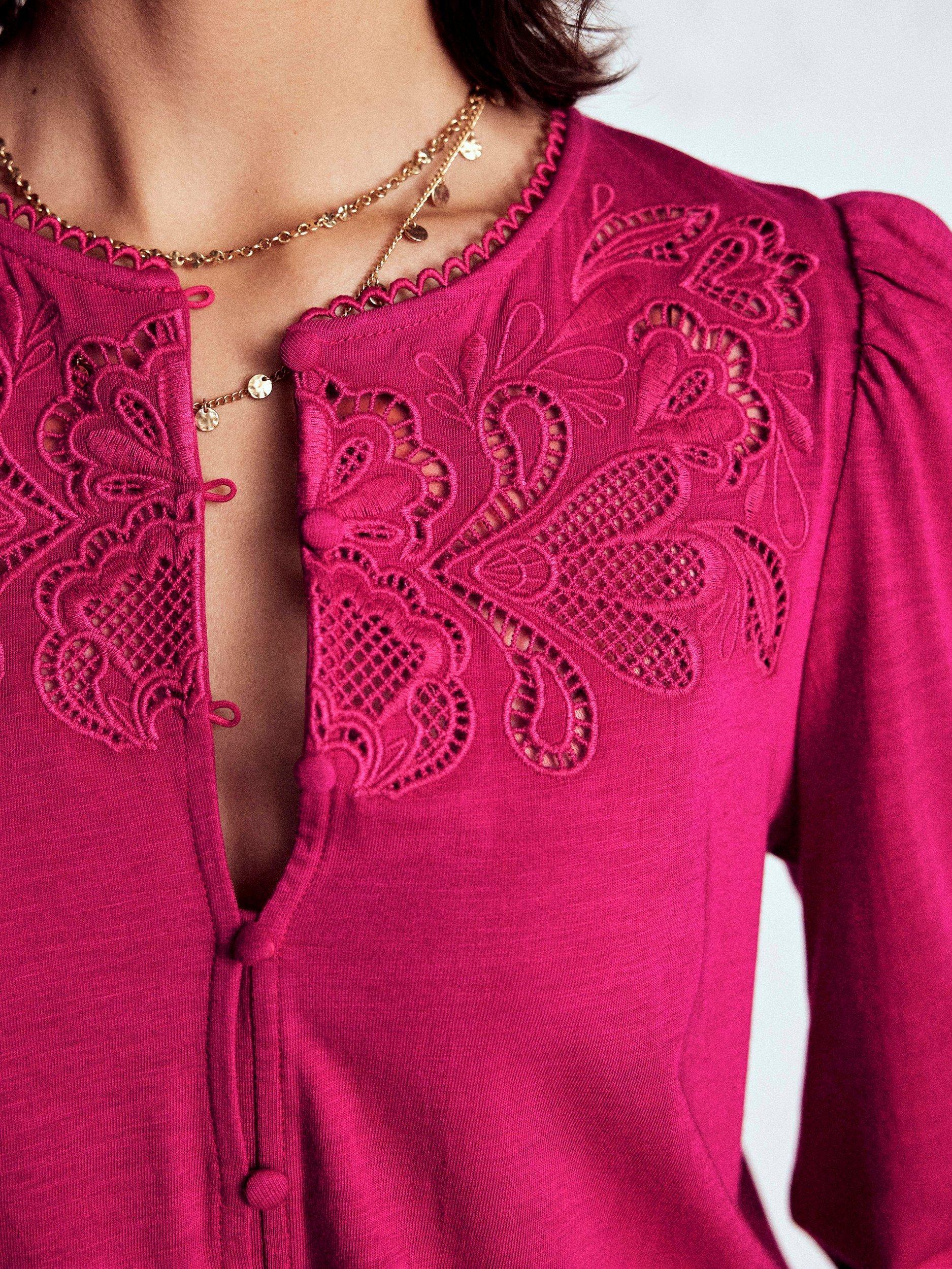 Product image 2 of 4, which shows Boden Cutwork Detail Jersey Top, Vibrant Pink, 8