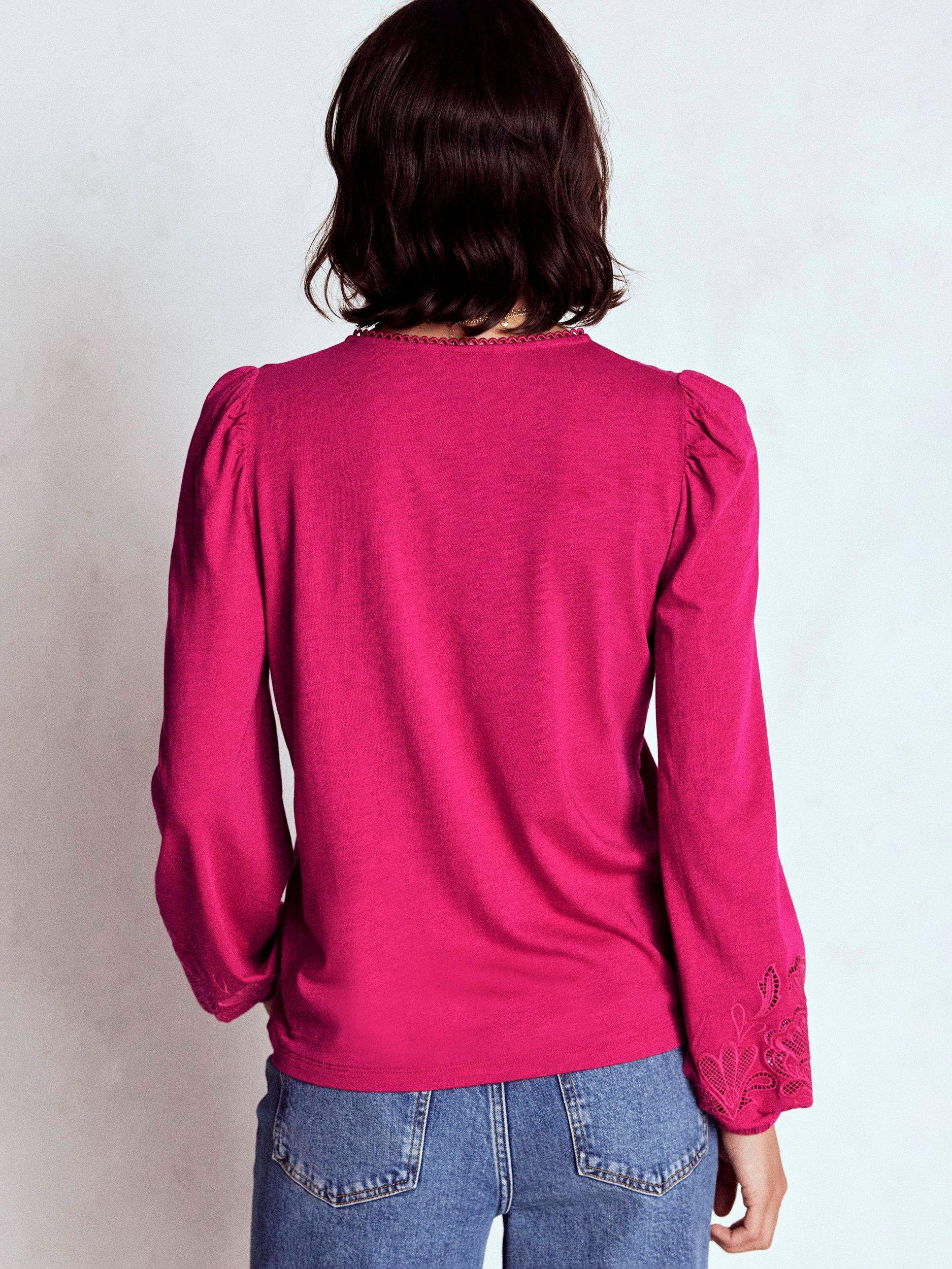 Product image 3 of 4, which shows Boden Cutwork Detail Jersey Top, Vibrant Pink, 8