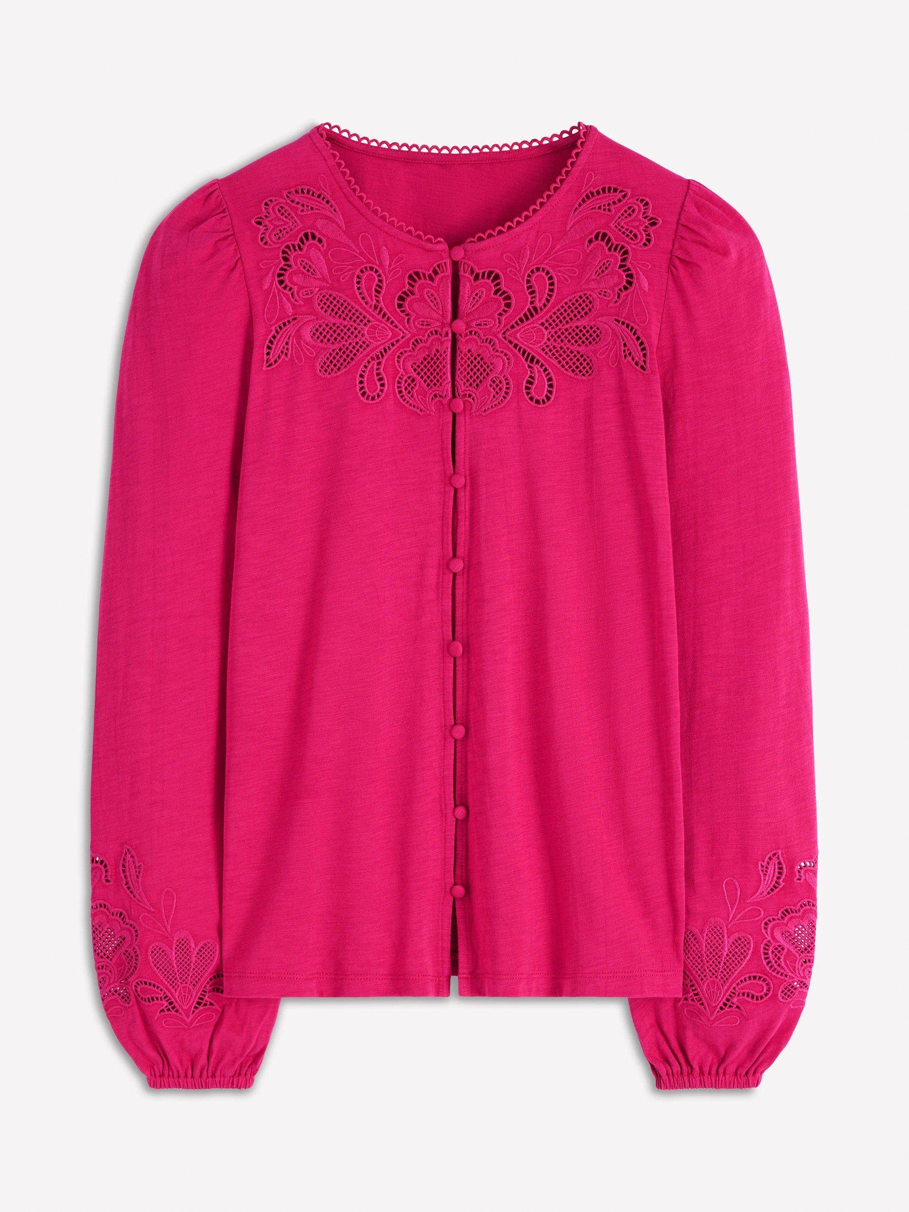 Product image 4 of 4, which shows Boden Cutwork Detail Jersey Top, Vibrant Pink, 8