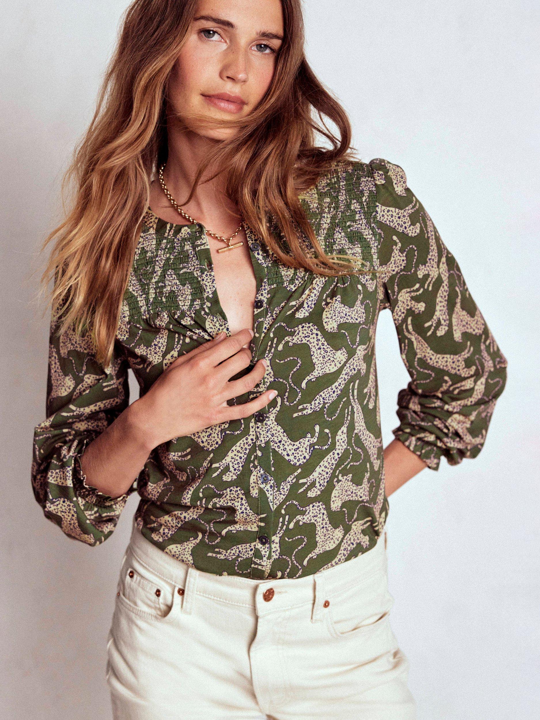 Product image 1 of 5, which shows Boden Elsa Cheetahs Smocked Yoke Jersey Top, Green, 8