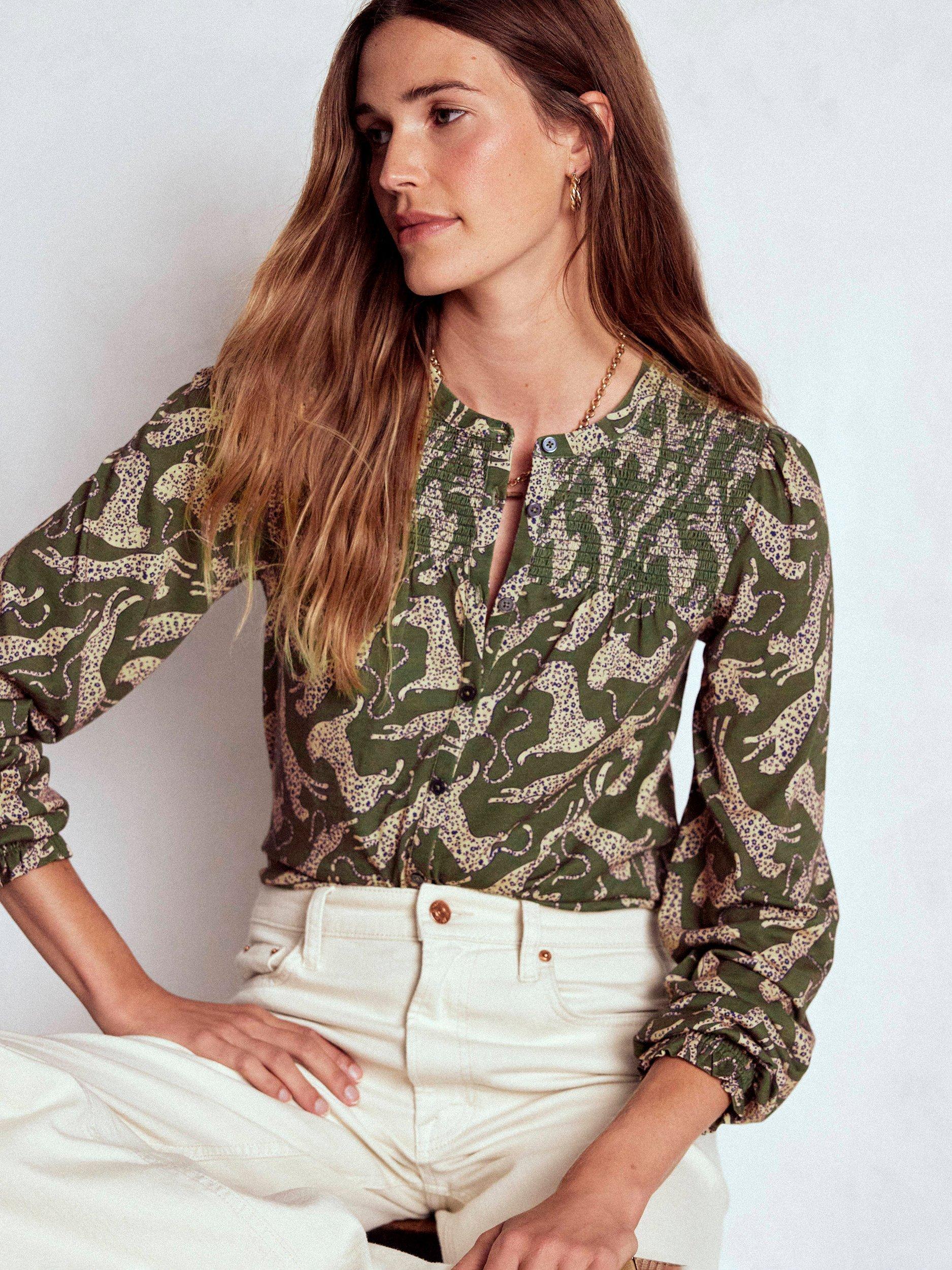 Product image 2 of 5, which shows Boden Elsa Cheetahs Smocked Yoke Jersey Top, Green, 8