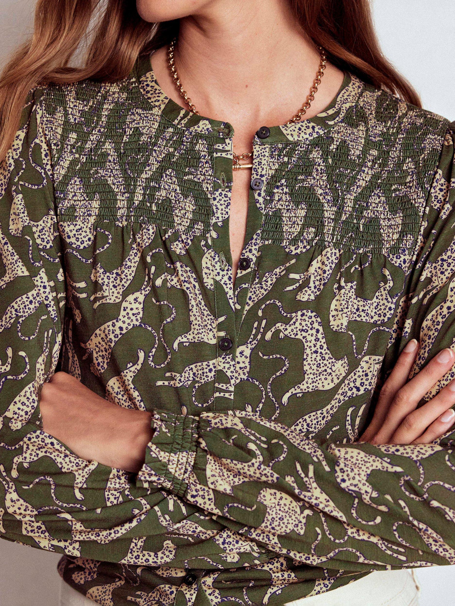 Product image 3 of 5, which shows Boden Elsa Cheetahs Smocked Yoke Jersey Top, Green, 8