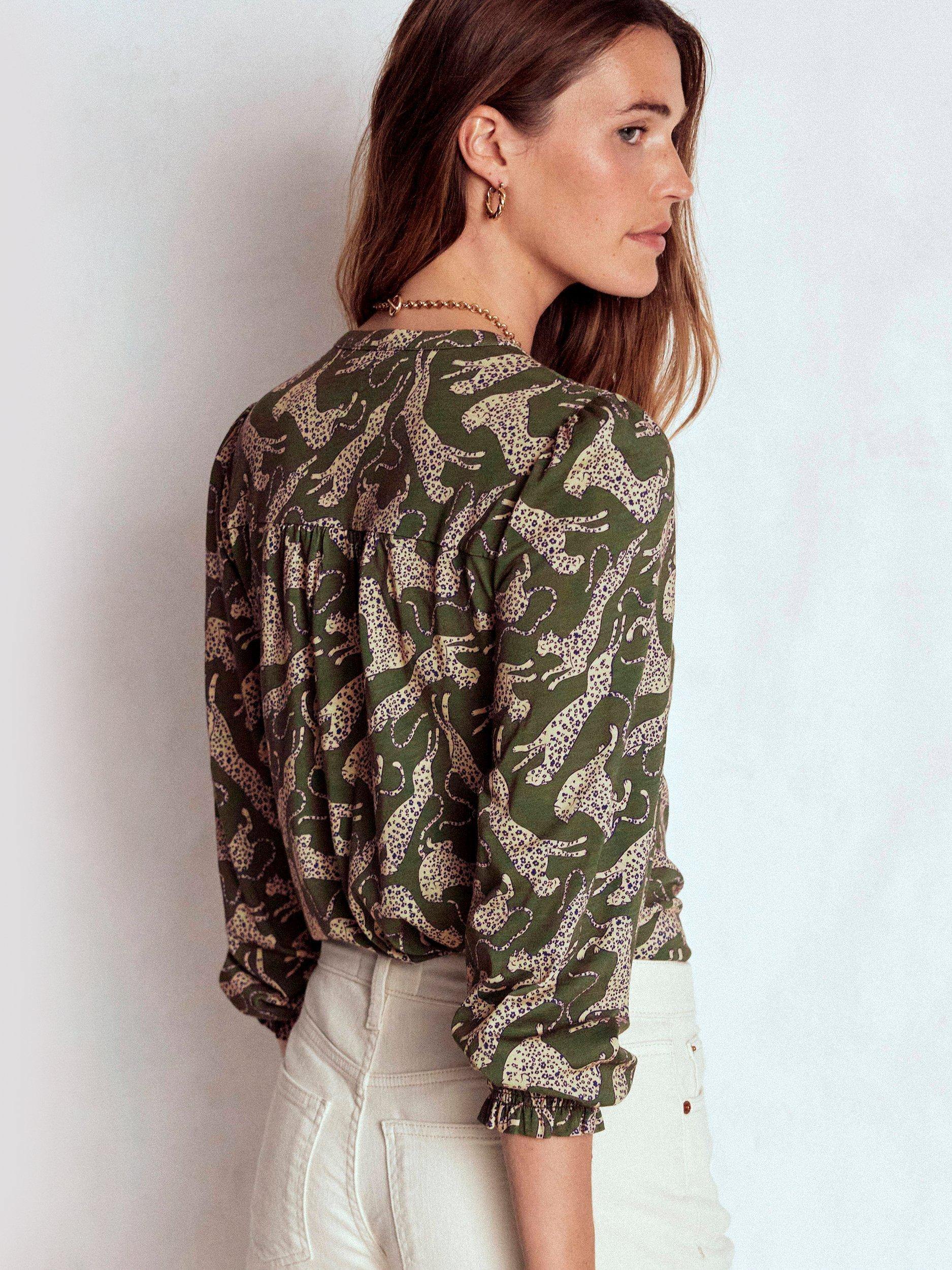 Product image 4 of 5, which shows Boden Elsa Cheetahs Smocked Yoke Jersey Top, Green, 8