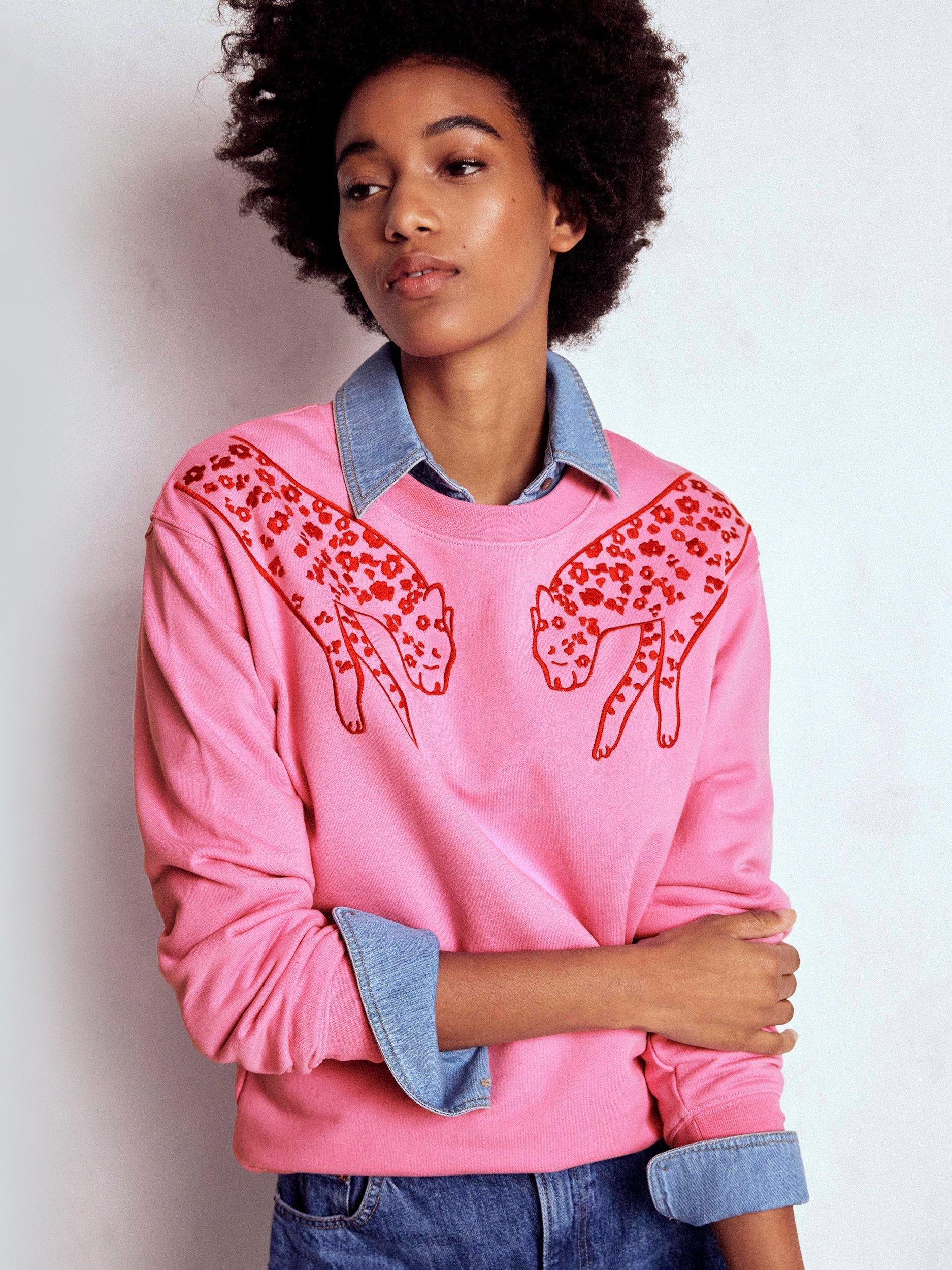 Product image 1 of 5, which shows Boden Emi Embroidered Sweatshirt, Pink, S