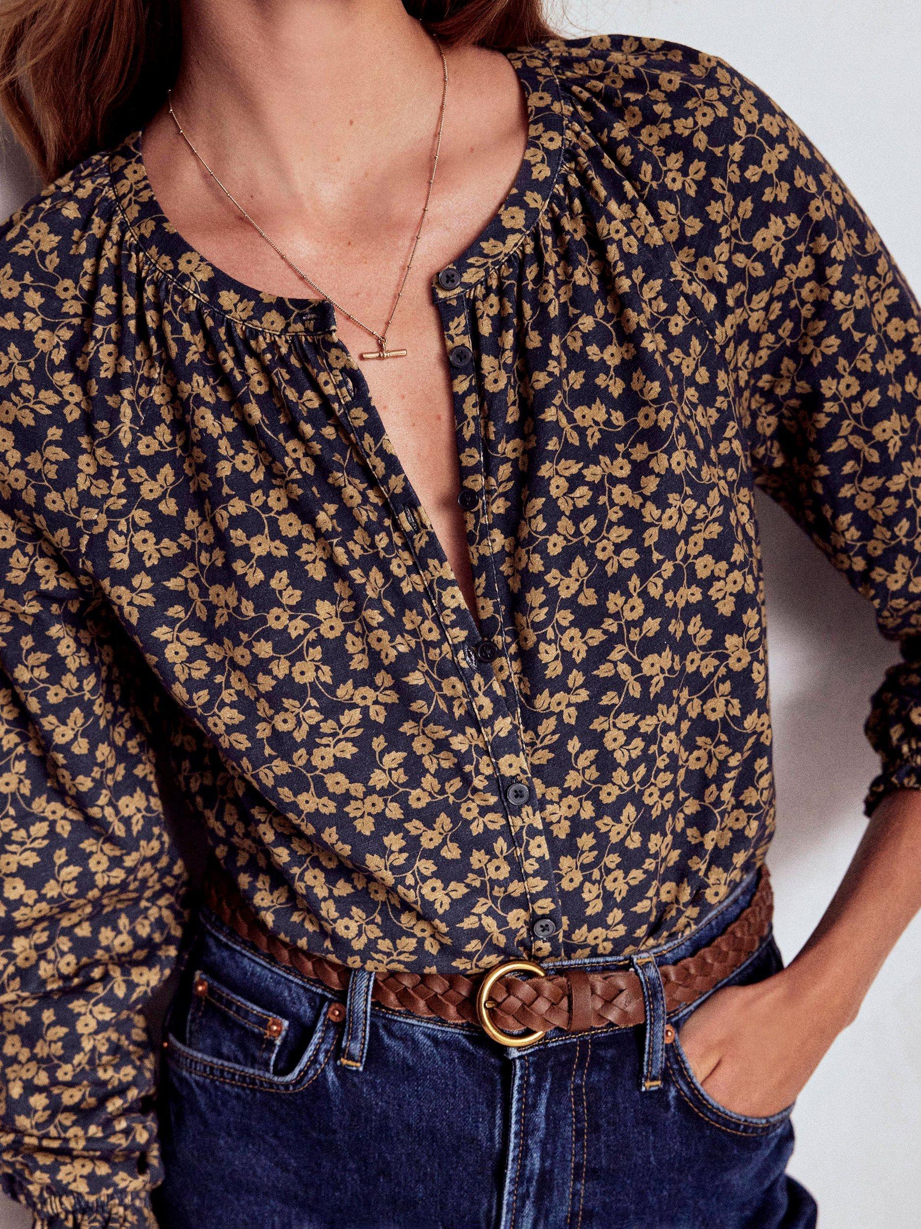 Product image 2 of 5, which shows Boden Isla Floral Long Sleeve Jersey Top, Brown/Multi, 14