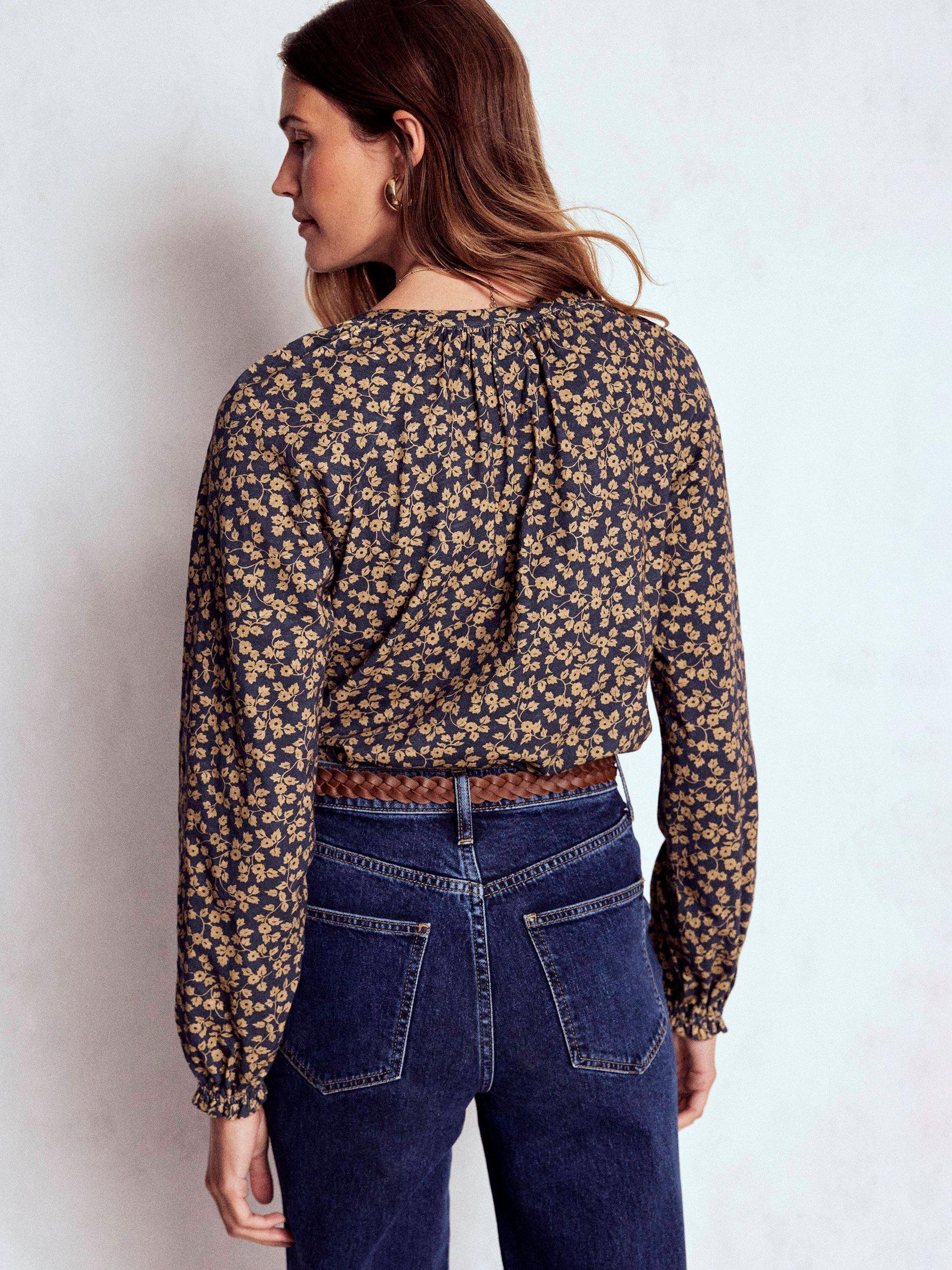 Product image 3 of 5, which shows Boden Isla Floral Long Sleeve Jersey Top, Brown/Multi, 14