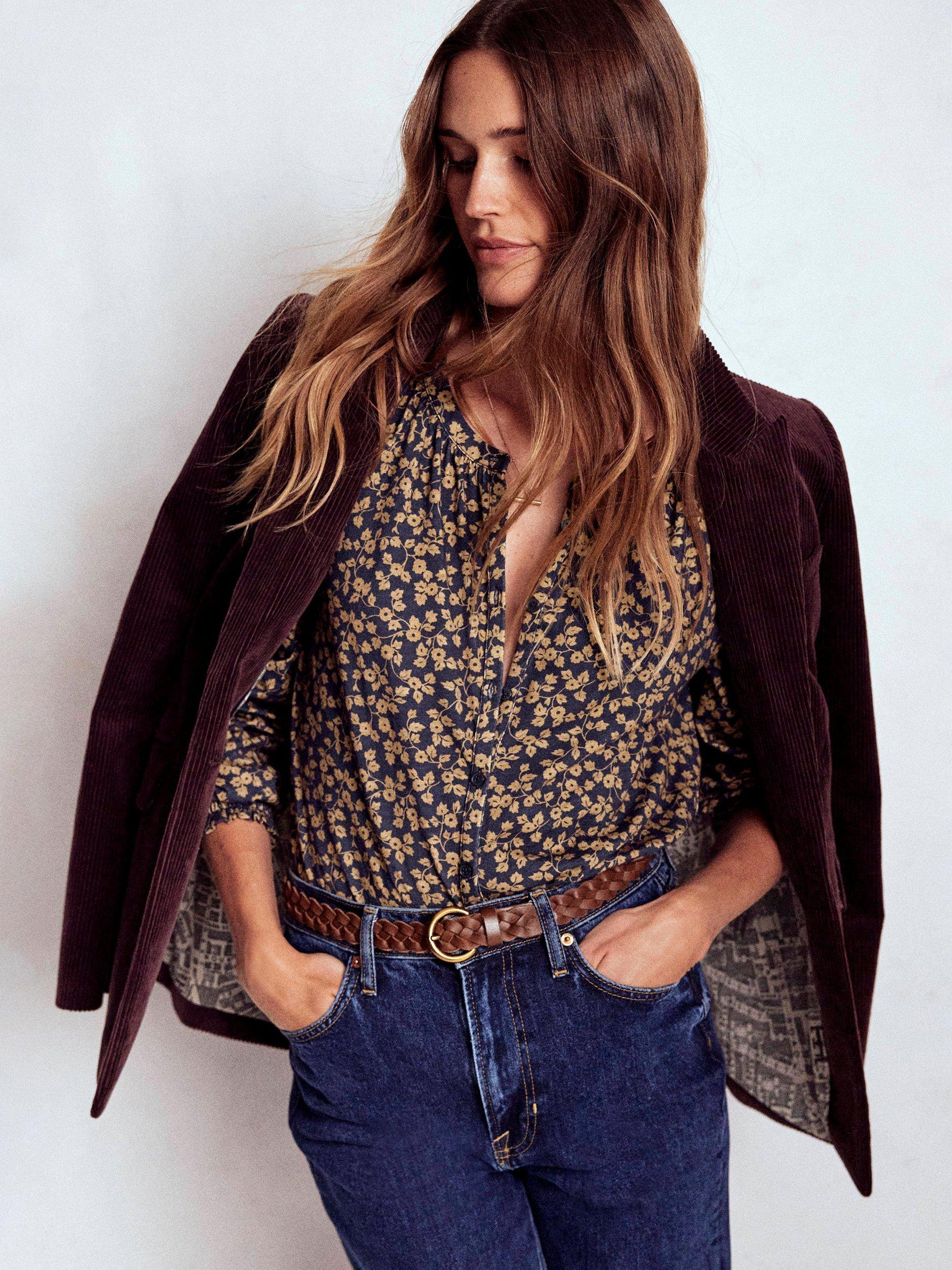 Product image 4 of 5, which shows Boden Isla Floral Long Sleeve Jersey Top, Brown/Multi, 14