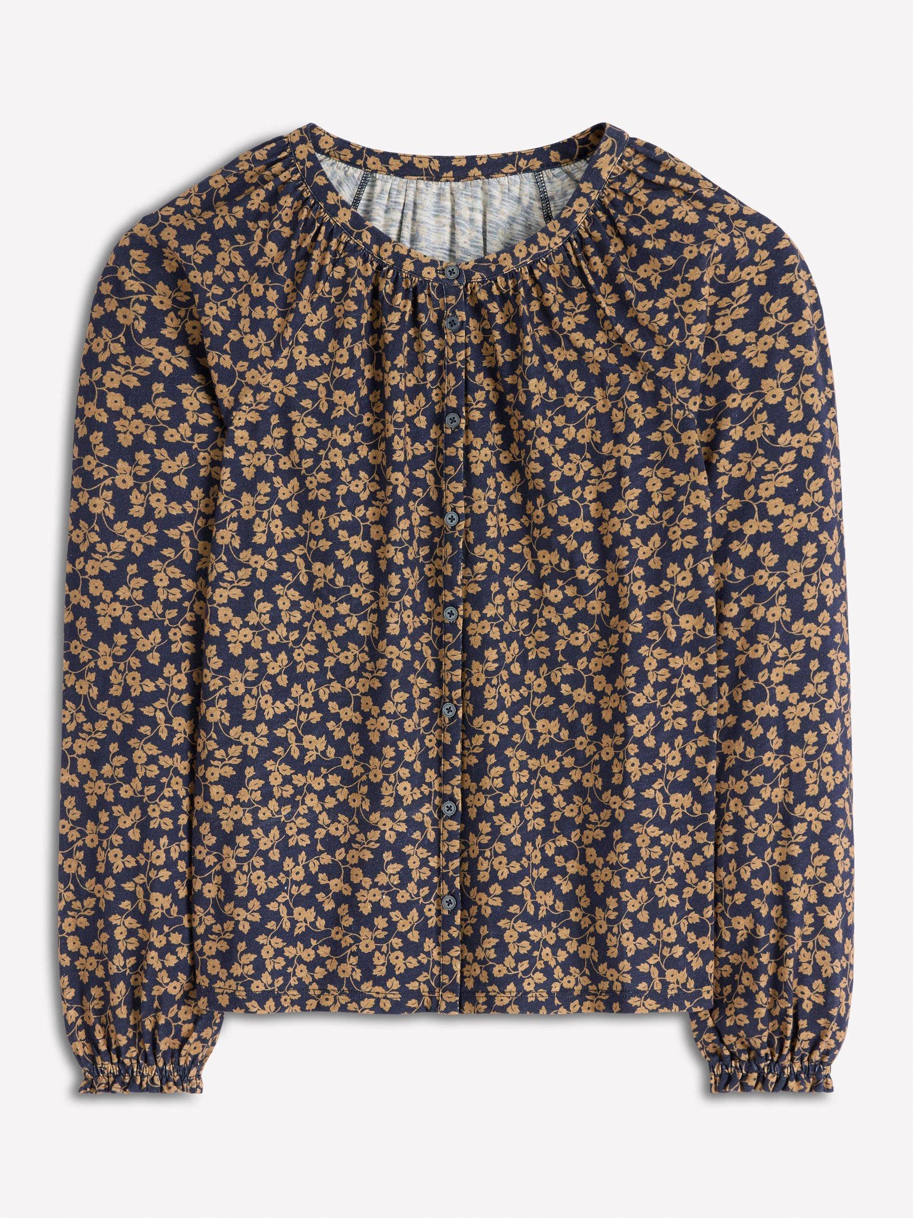 Product image 5 of 5, which shows Boden Isla Floral Long Sleeve Jersey Top, Brown/Multi, 14