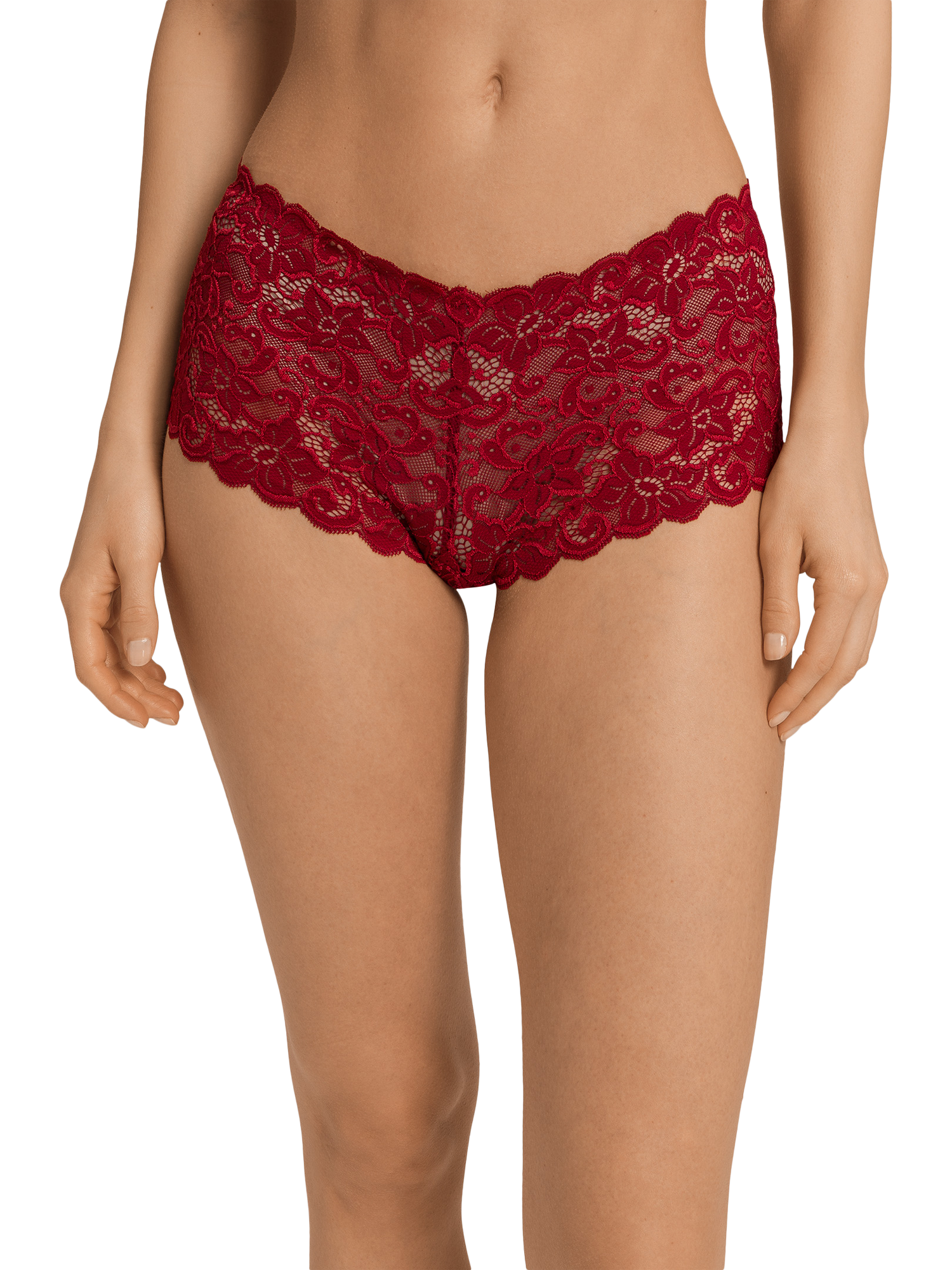 Product image 1 of 6, which shows Hanro Moments Mid-Rise Briefs, Red Dahlia, XS