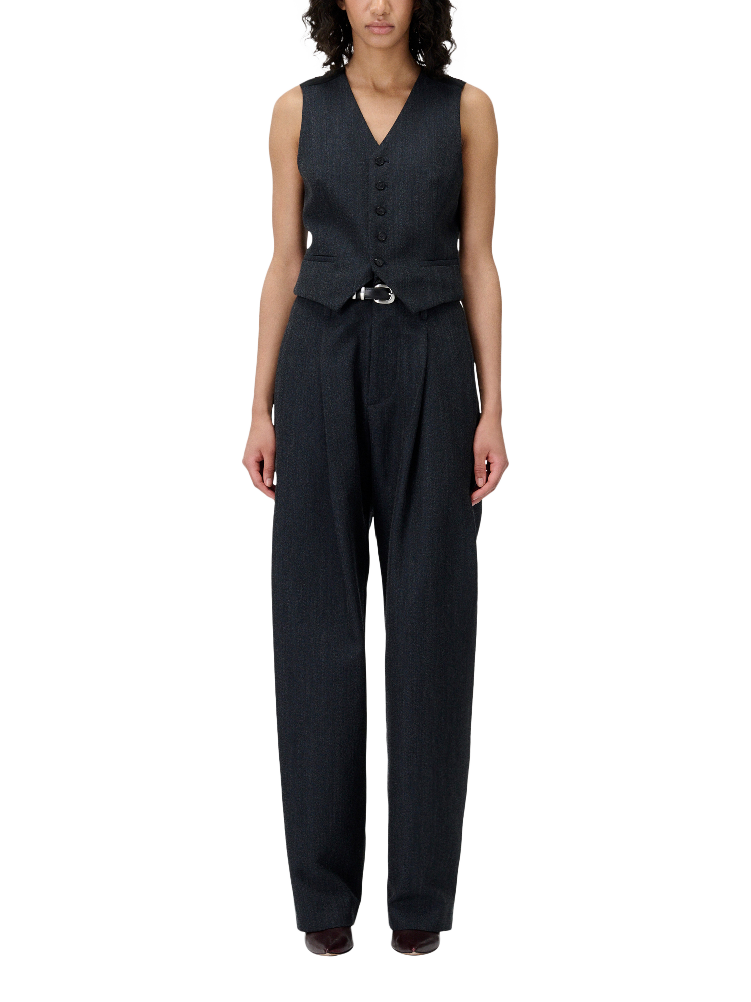 Product image 1 of 5, which shows IRO Benyo V-Neck Wool Blend Waistcoat, Dark Navy / Grey, 38