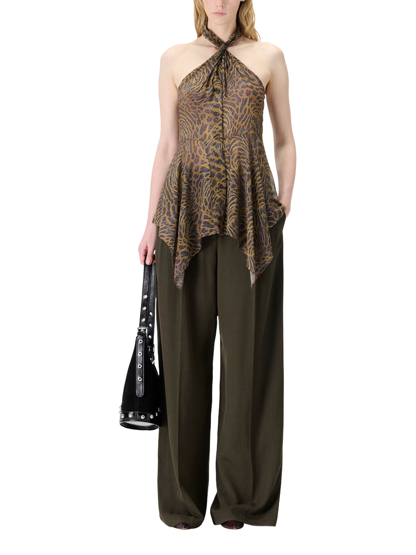 Product image 1 of 5, which shows IRO Cassian Halterneck Animal Print Hanky Top, Multico Leopard Ocre, 36