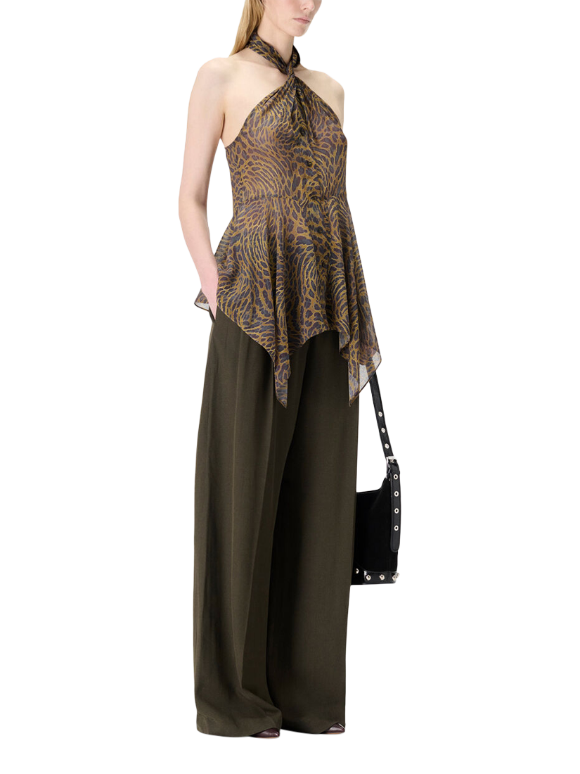 Product image 2 of 5, which shows IRO Cassian Halterneck Animal Print Hanky Top, Multico Leopard Ocre, 36