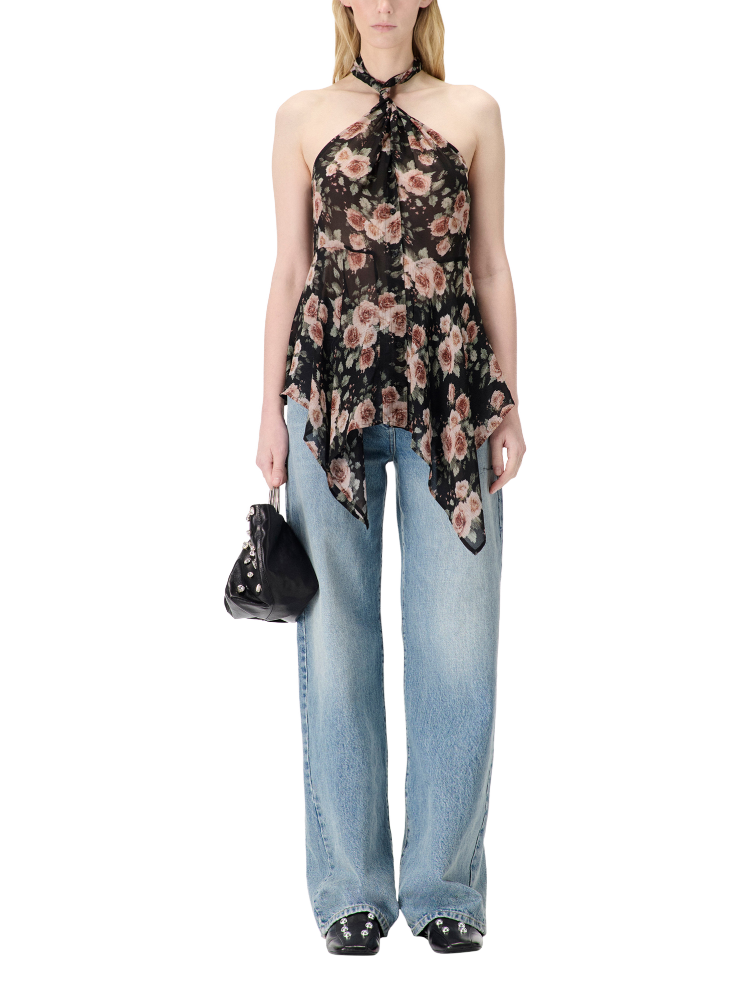 Product image 1 of 5, which shows IRO Lassan Halterneck Floral Print Long Sleeved Blouse, Black, 36
