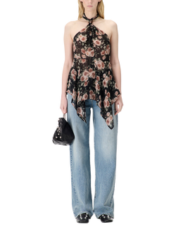 IRO Lassan Halterneck Floral Print Long Sleeved Blouse, Black Roses