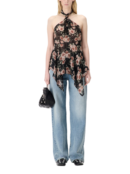 IRO Lassan Halterneck Floral Print Long Sleeved Blouse, Black Roses