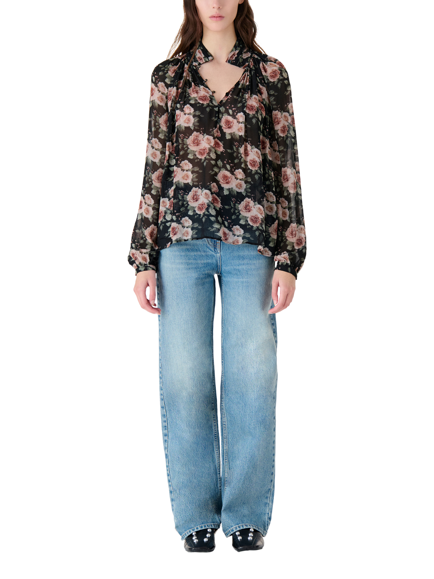 Product image 1 of 4, which shows IRO Lazula Floral Top, Black/Multi, 36