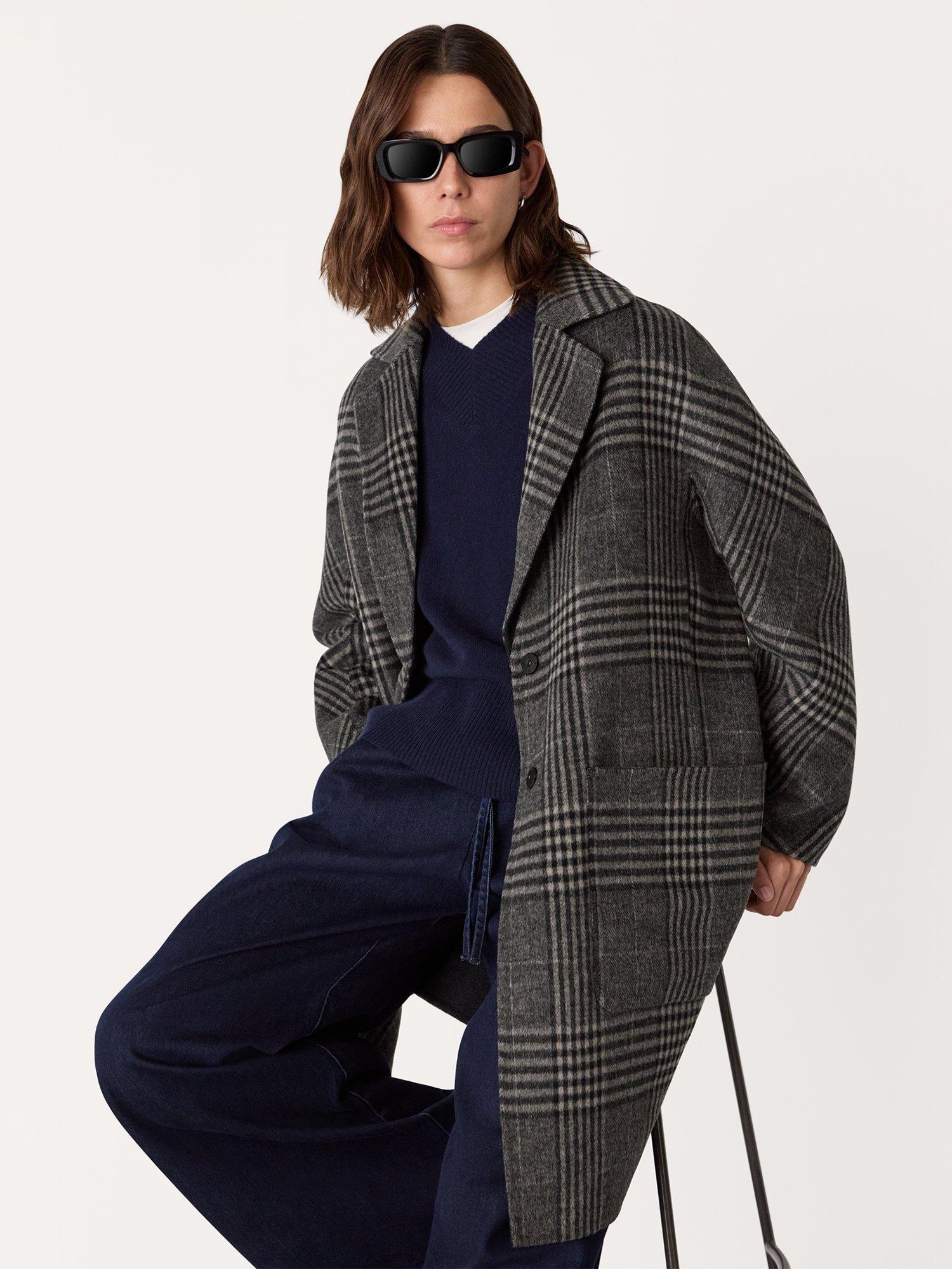 Product image 3 of 5, which shows Whistles Cassie Check Double Face Wool Rich Coat, Grey/Multi, XS