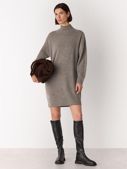 Whistles Petite Funnel Neck Pure Wool Jumper Dress, Taupe, Taupe