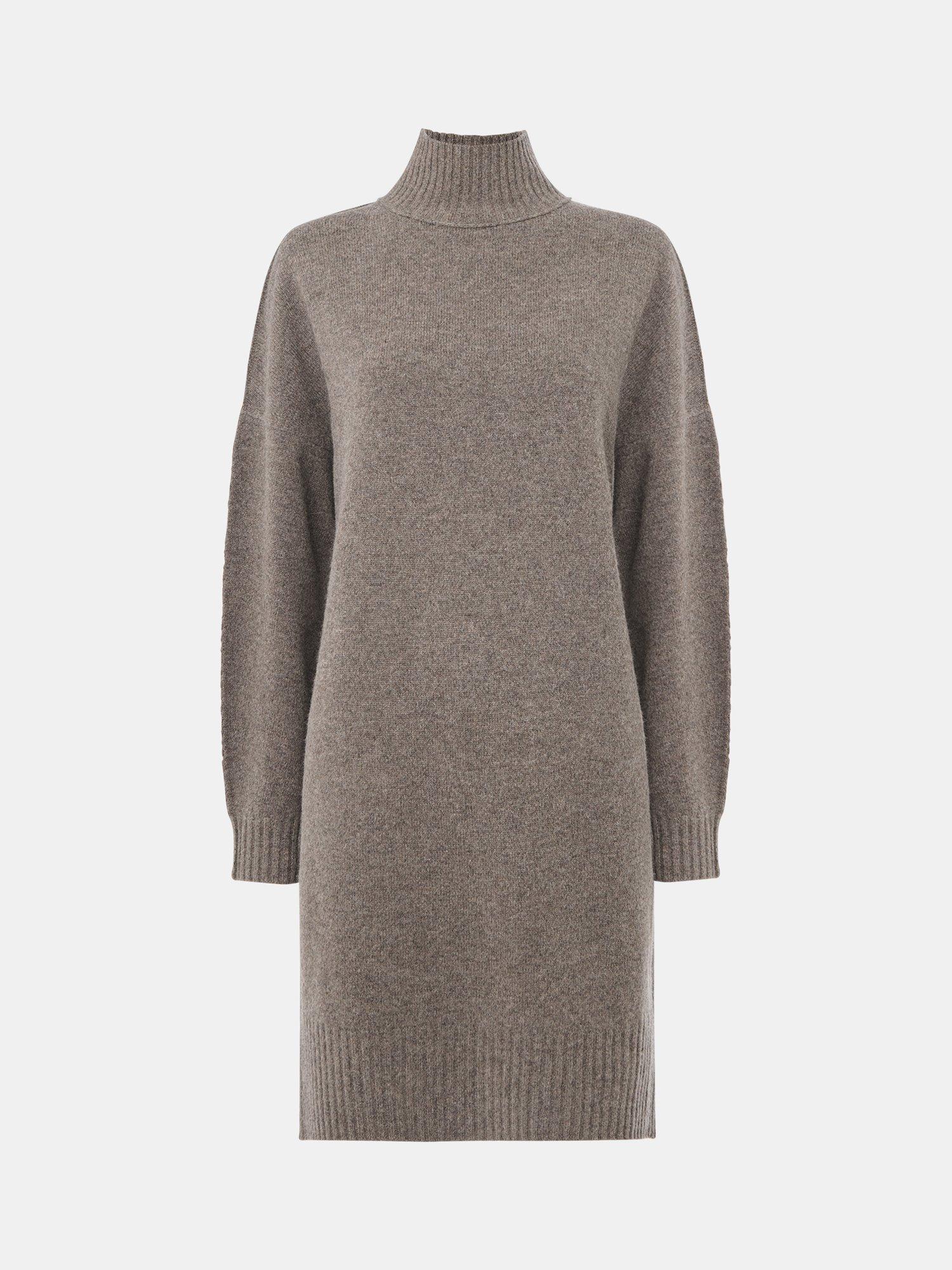 Whistles Petite Funnel Neck Pure Wool Jumper Dress, Taupe