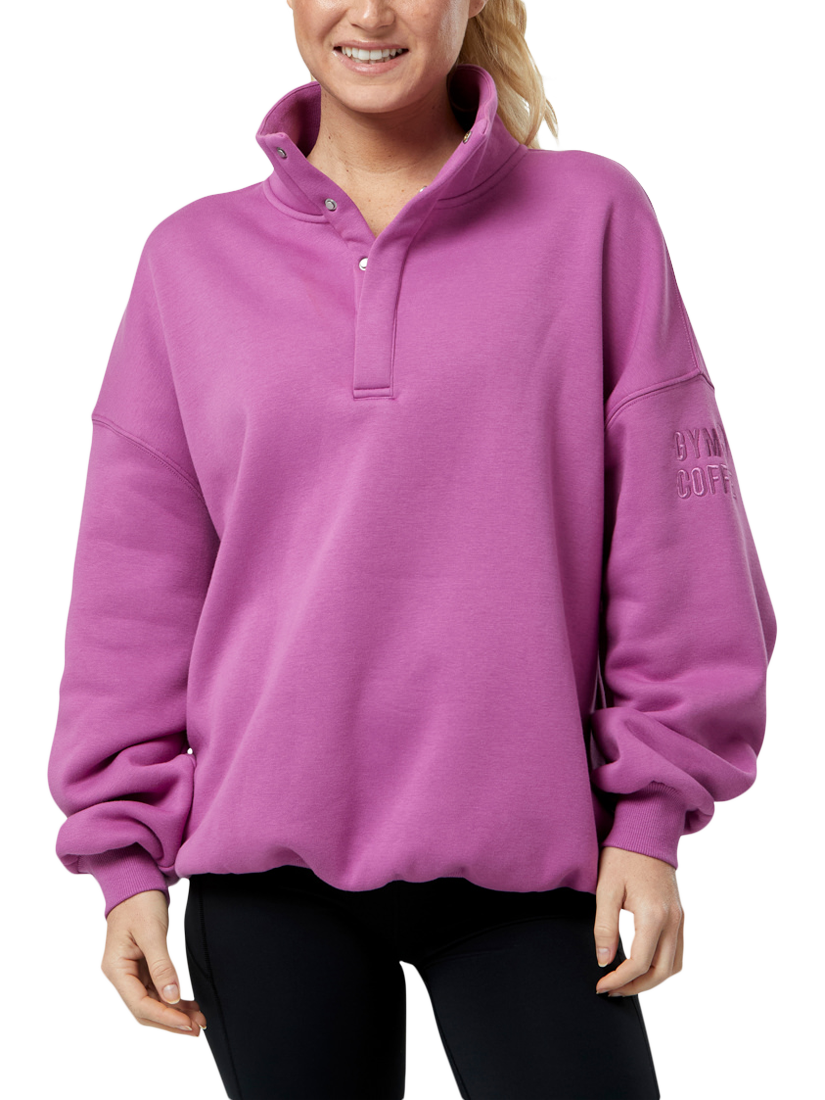 Product image 1 of 5, which shows Gym+Coffee Snap Collar Sweatshirt, Crisp Pink, XXS