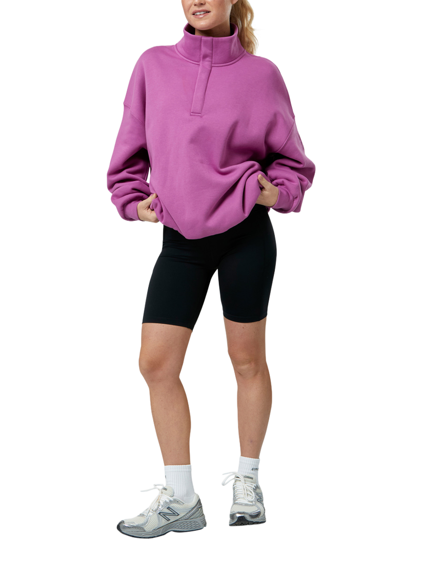 Product image 2 of 5, which shows Gym+Coffee Snap Collar Sweatshirt, Crisp Pink, XXS