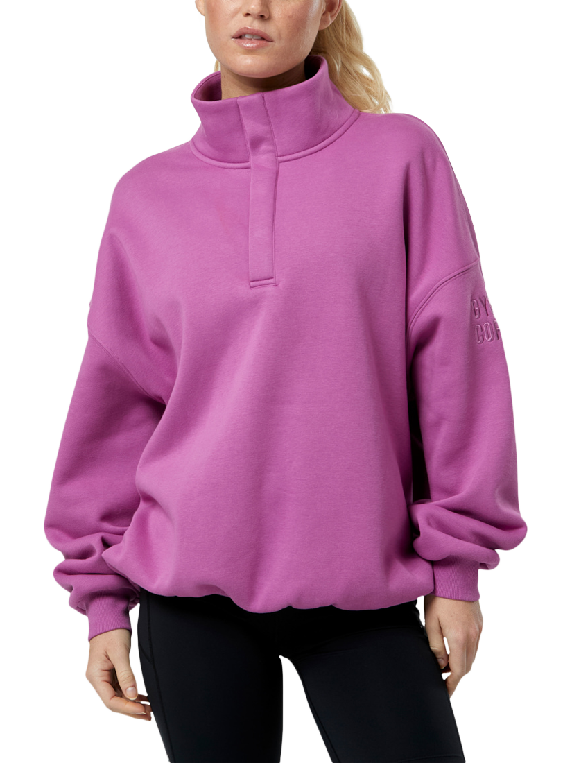 Product image 4 of 5, which shows Gym+Coffee Snap Collar Sweatshirt, Crisp Pink, XXS