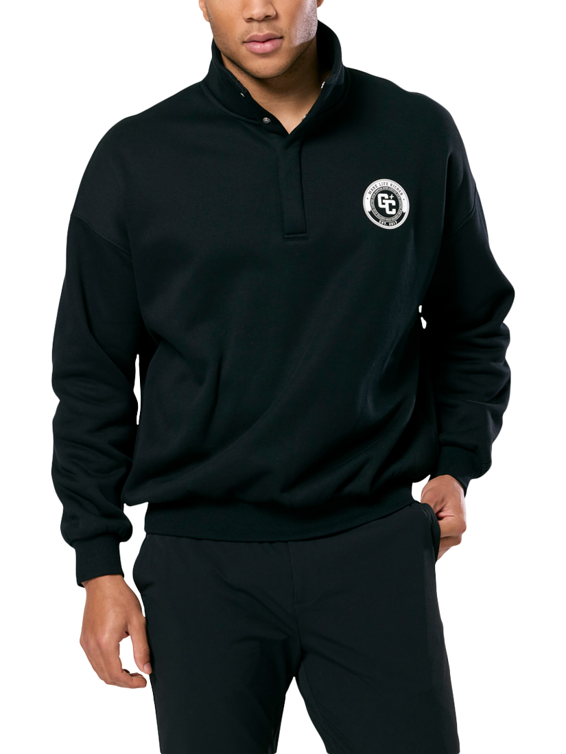 Product image 1 of 6, which shows Gym+Coffee Unisex Snap Collar Varsity Sweatshirt, Black, XXS