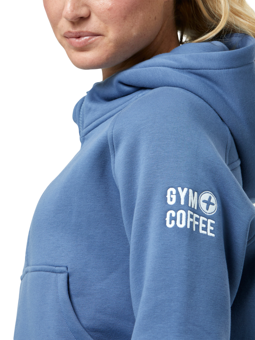 Product image 6 of 10, which shows Gym+Coffee Sierra Half Zip Cropped Hoodie, Oasis Blue, XXS