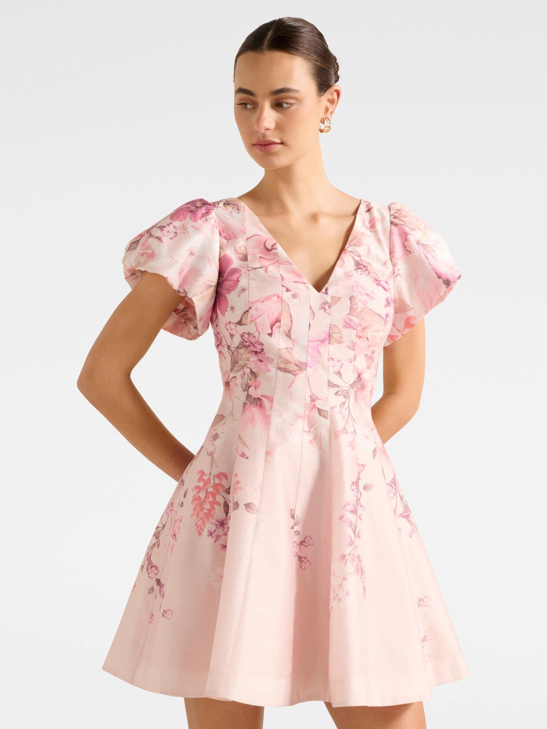 strapless open back dress Delight Doll Pink Floral Print High Neck Long Sleeve Mini Dress main image 1