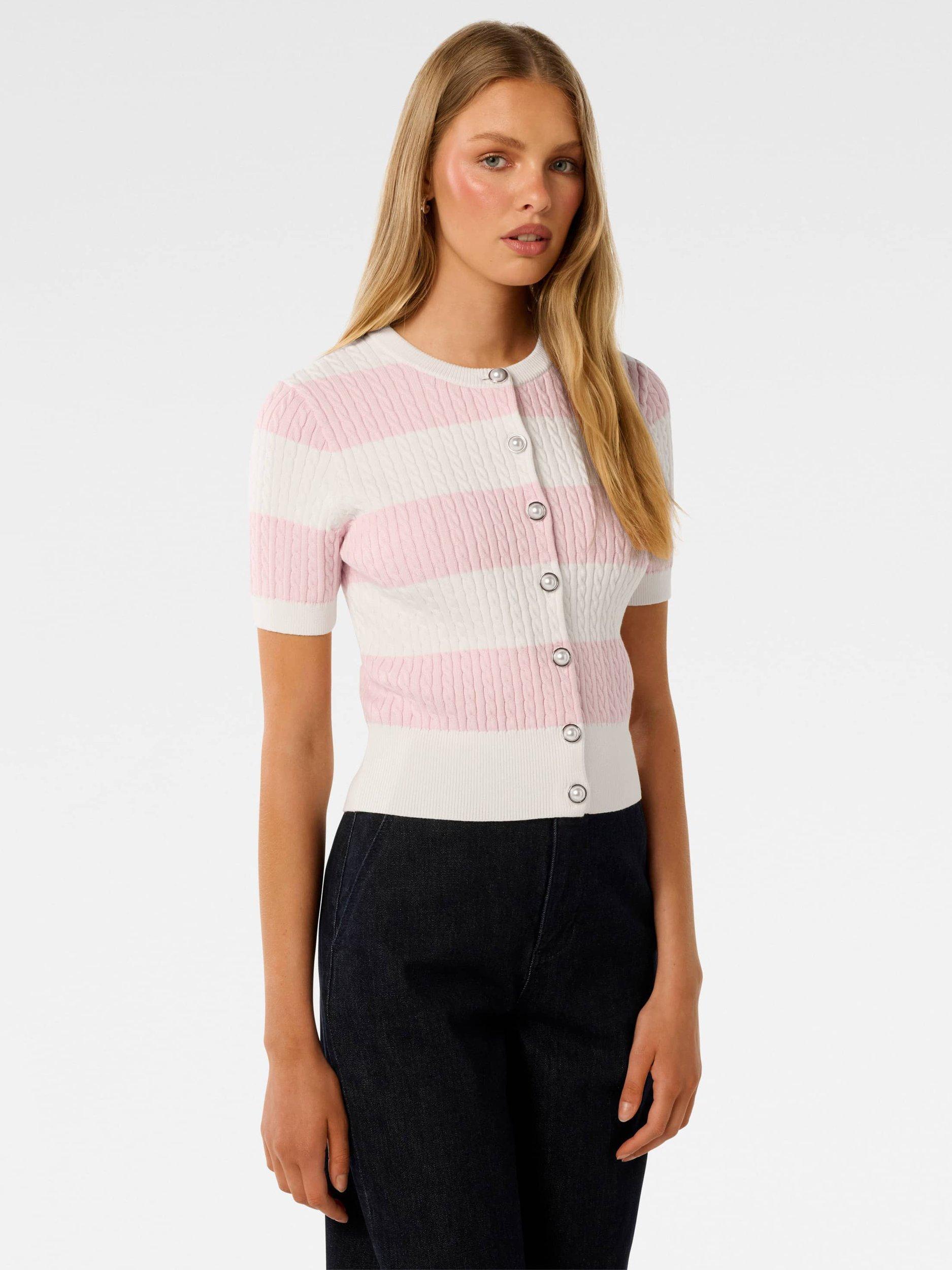 Product image 3 of 5, which shows Forever New Annika Stripe Cable Knit Top, Pink, L