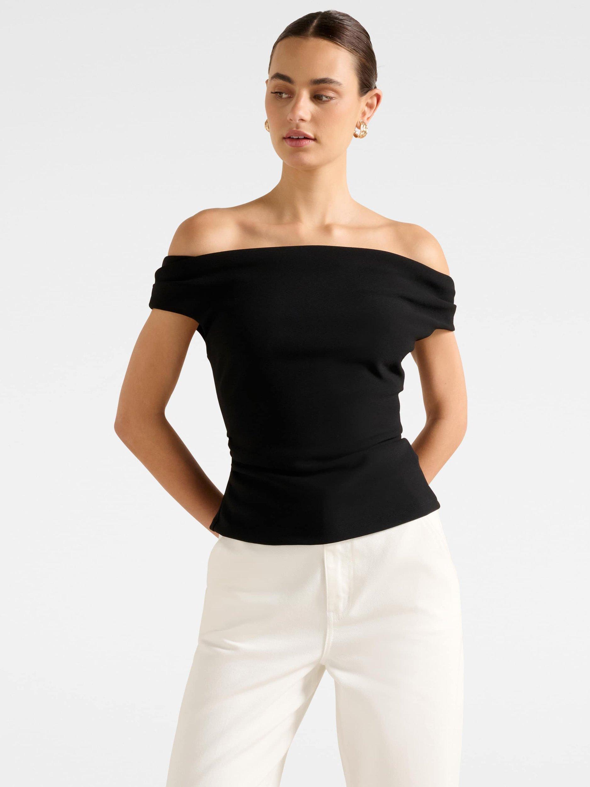 Product image 1 of 5, which shows Forever New Somer Crepe Bardot Top, Black, L