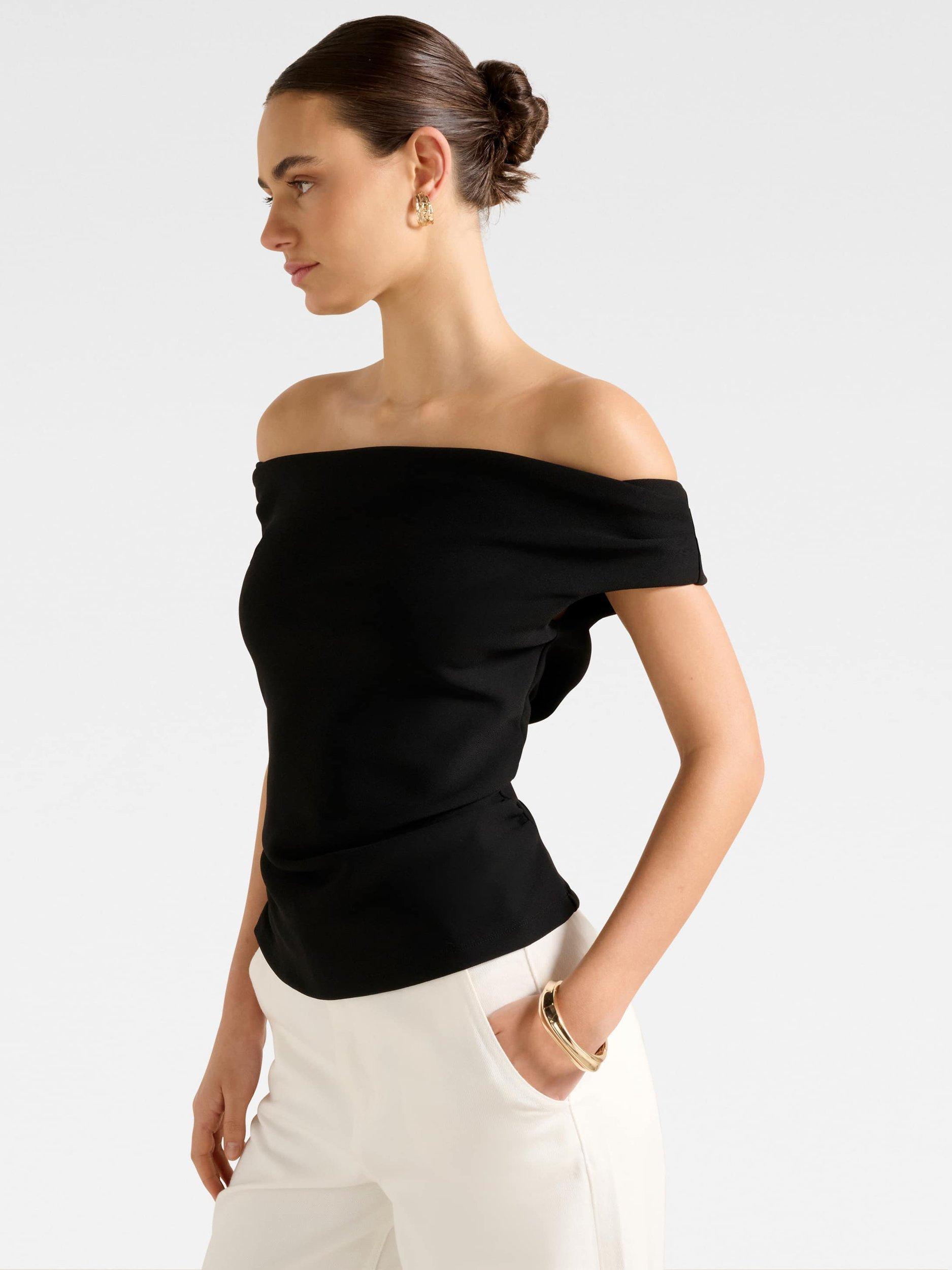 Product image 3 of 5, which shows Forever New Somer Crepe Bardot Top, Black, L
