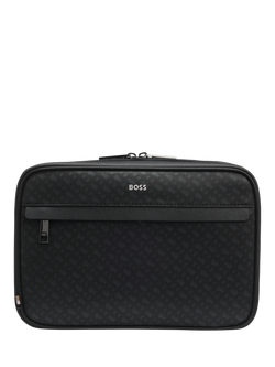 HUGO BOSS BOSS Zair Monogram Leather Wash Bag, Black, Black