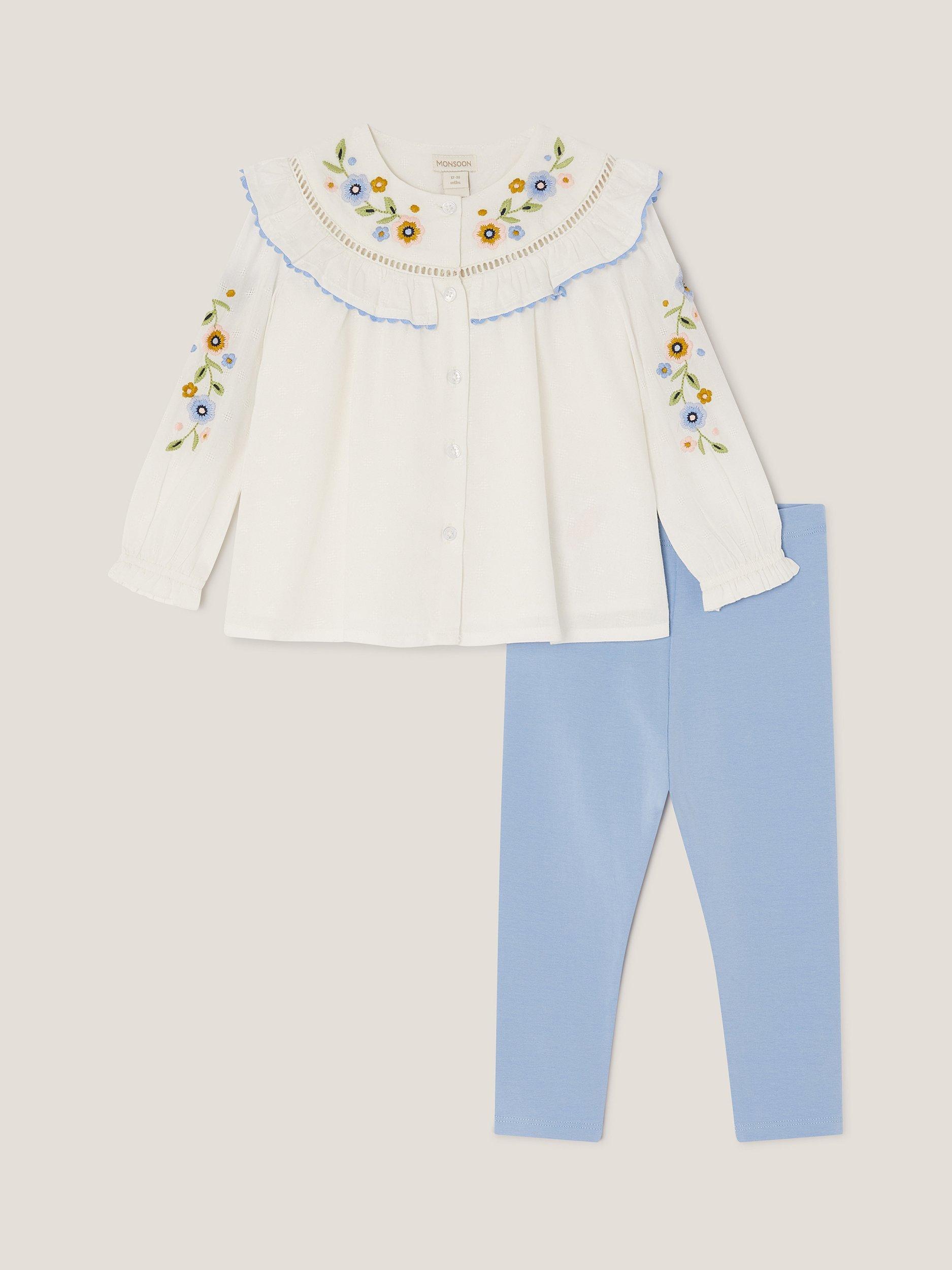 Product image 2 of 4, which shows Monsoon Baby Cotton Blouse and Legging Set, Ivory, 3-6 months