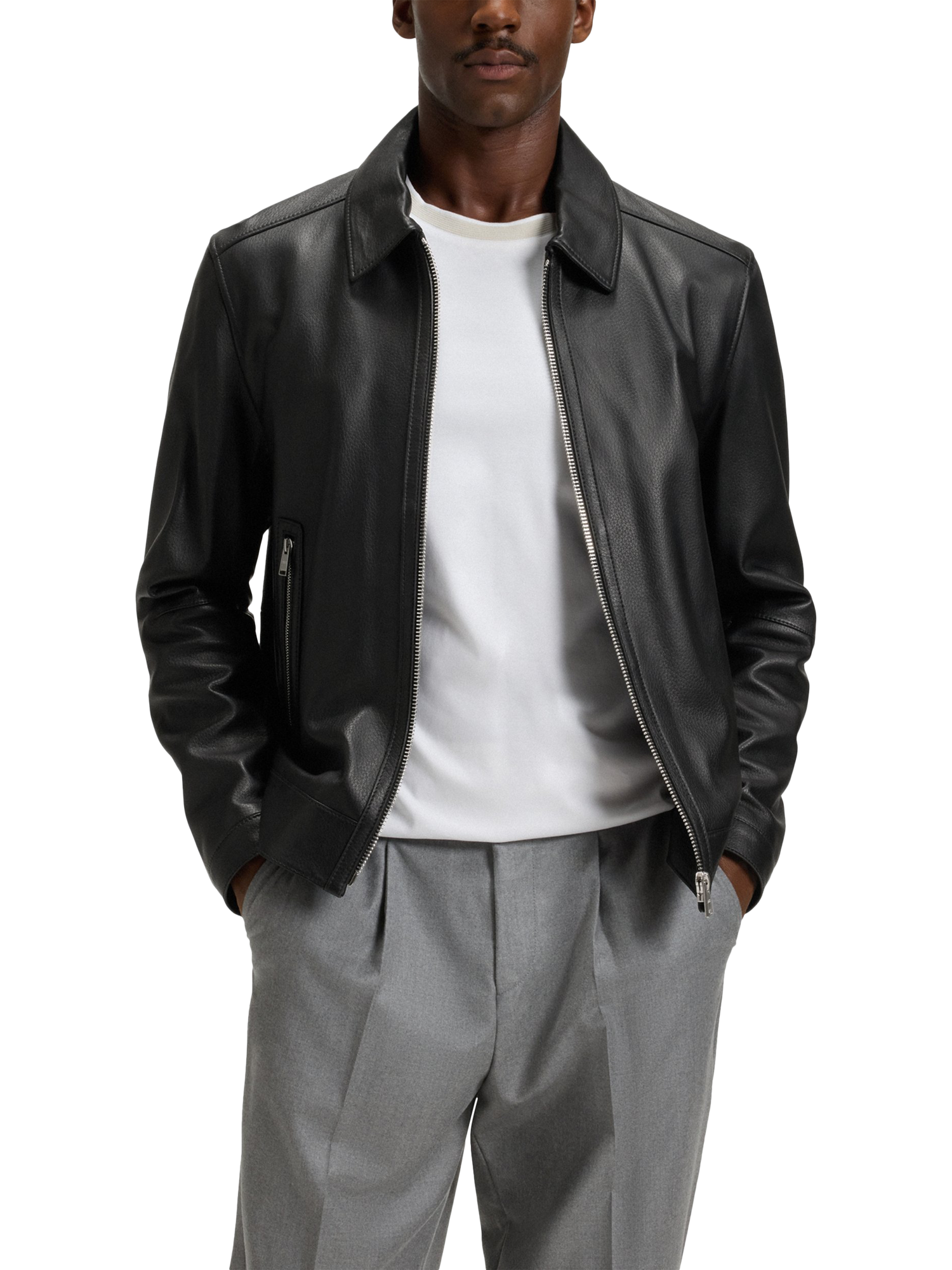 Product image 1 of 6, which shows BOSS Lambs Leather Jacket, Black, 38R